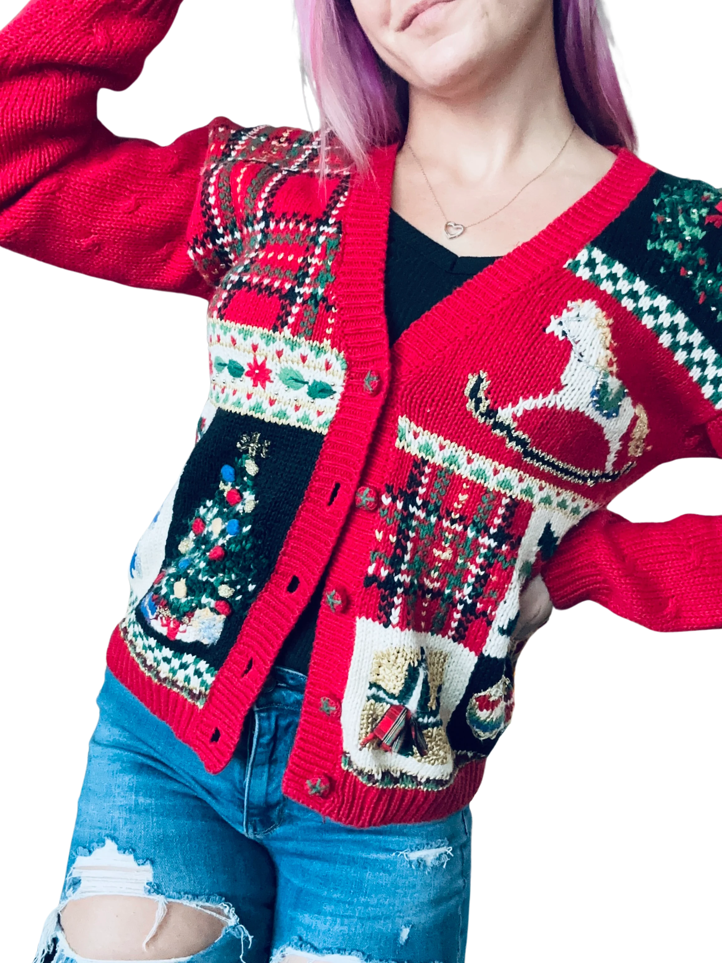 90s Vintage Red Detailed Ugly Christmas Cardigan By Heirloom Collectibles