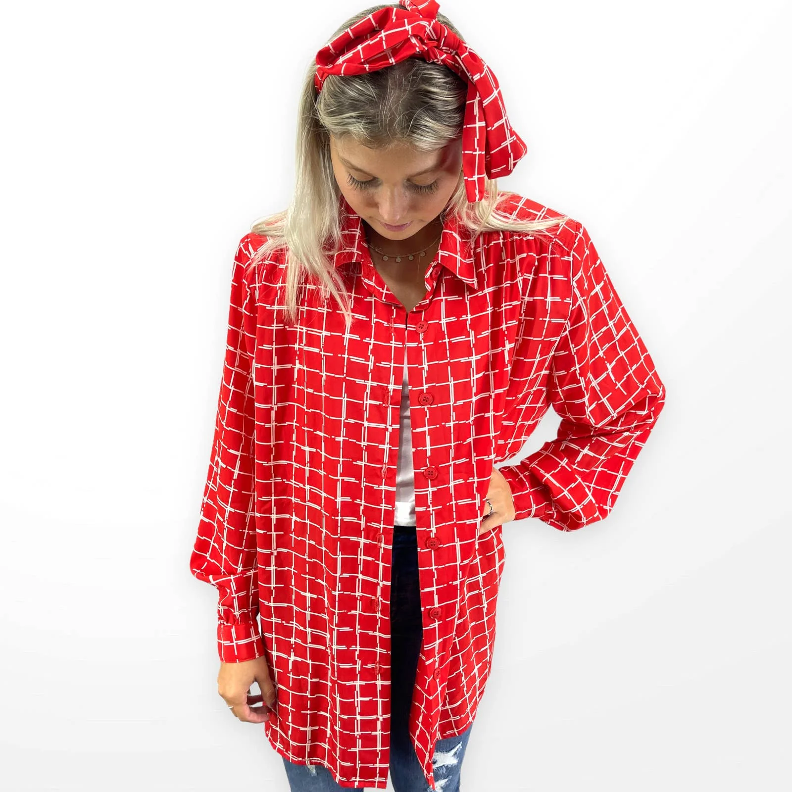 90s Vintage Red White Check Button Up Shirt Scarf Set by Studio Collection - Image 13