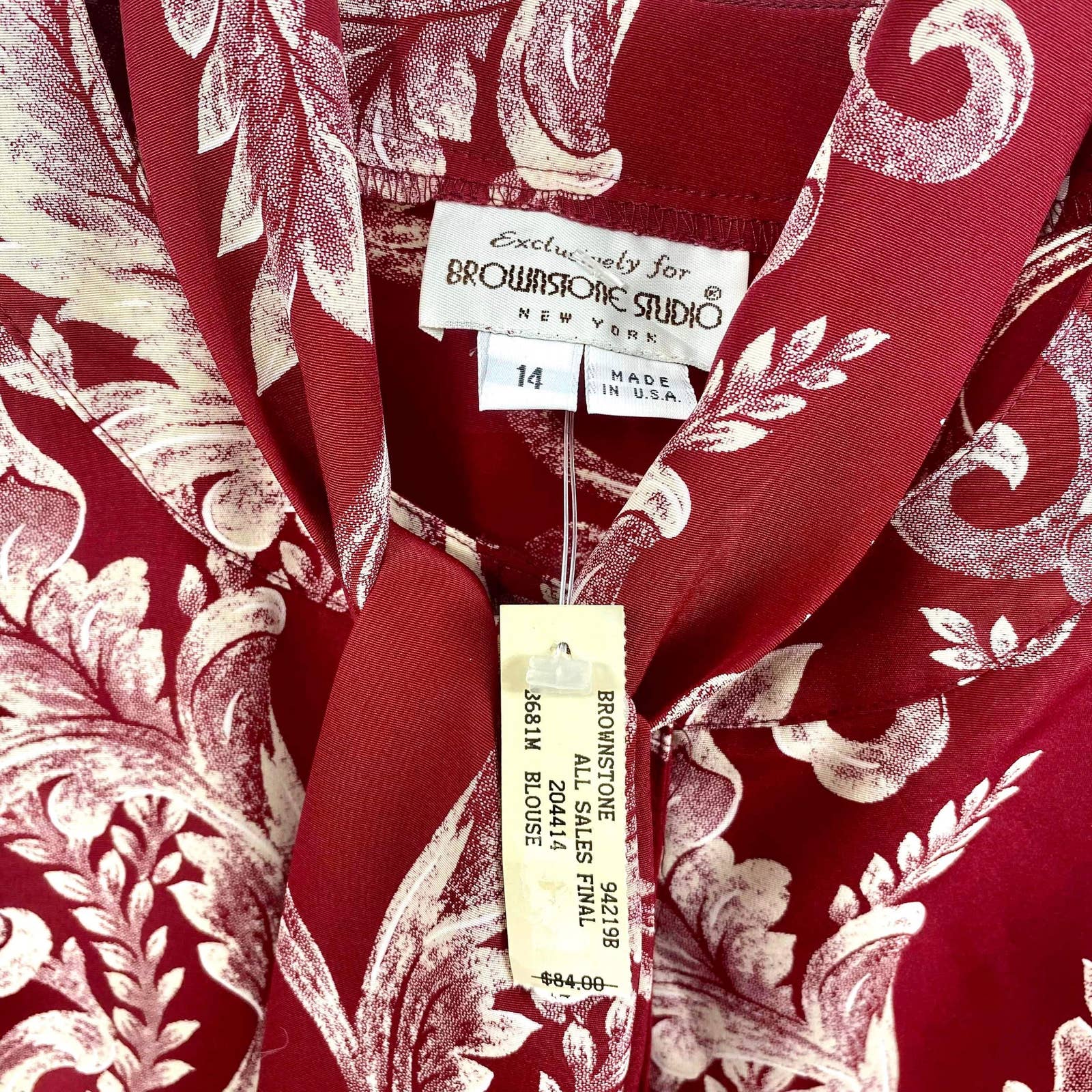 90s Vintage Red White Floral Bow Neck Long Sleeve Blouse by Brownstone Studio - Image 7