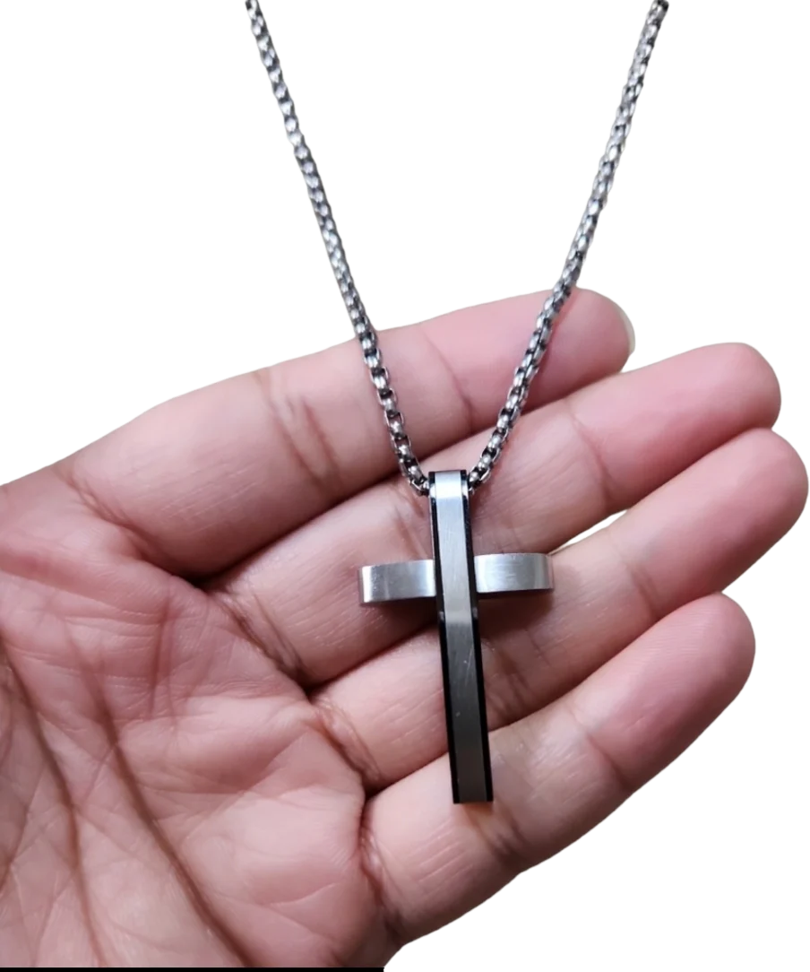 90s Vintage Silver Black Toned Cross Pendant Necklace - Image 2