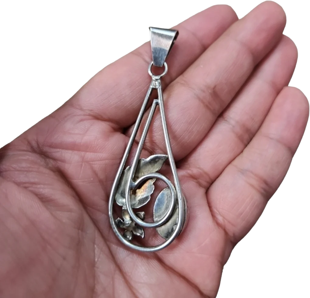 90s Vintage Silver Toned Black Enamel Floral Pendant - Image 2