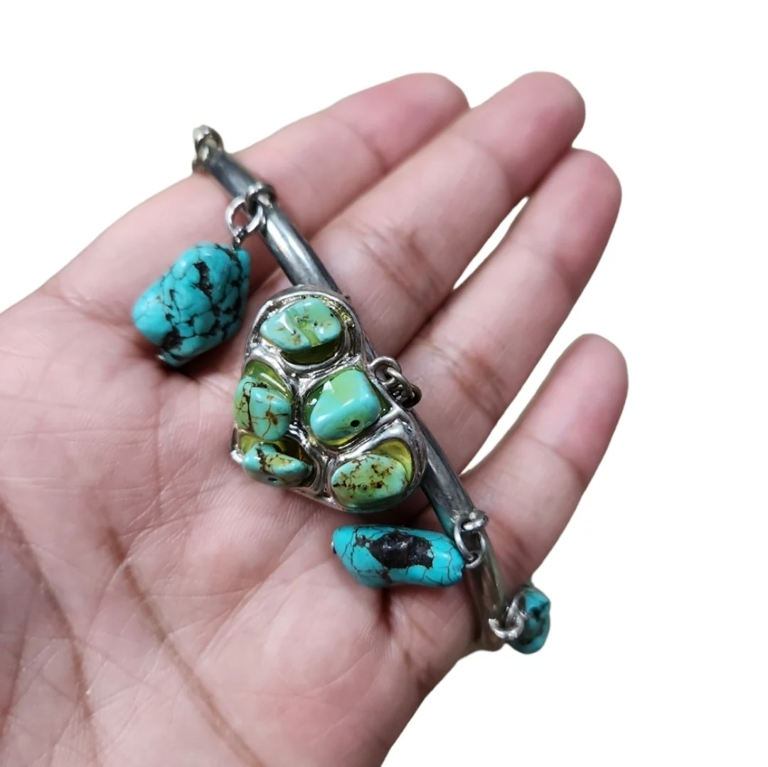 90s Vintage Silver Toned Turquoise Dangle Bracelet - Image 3