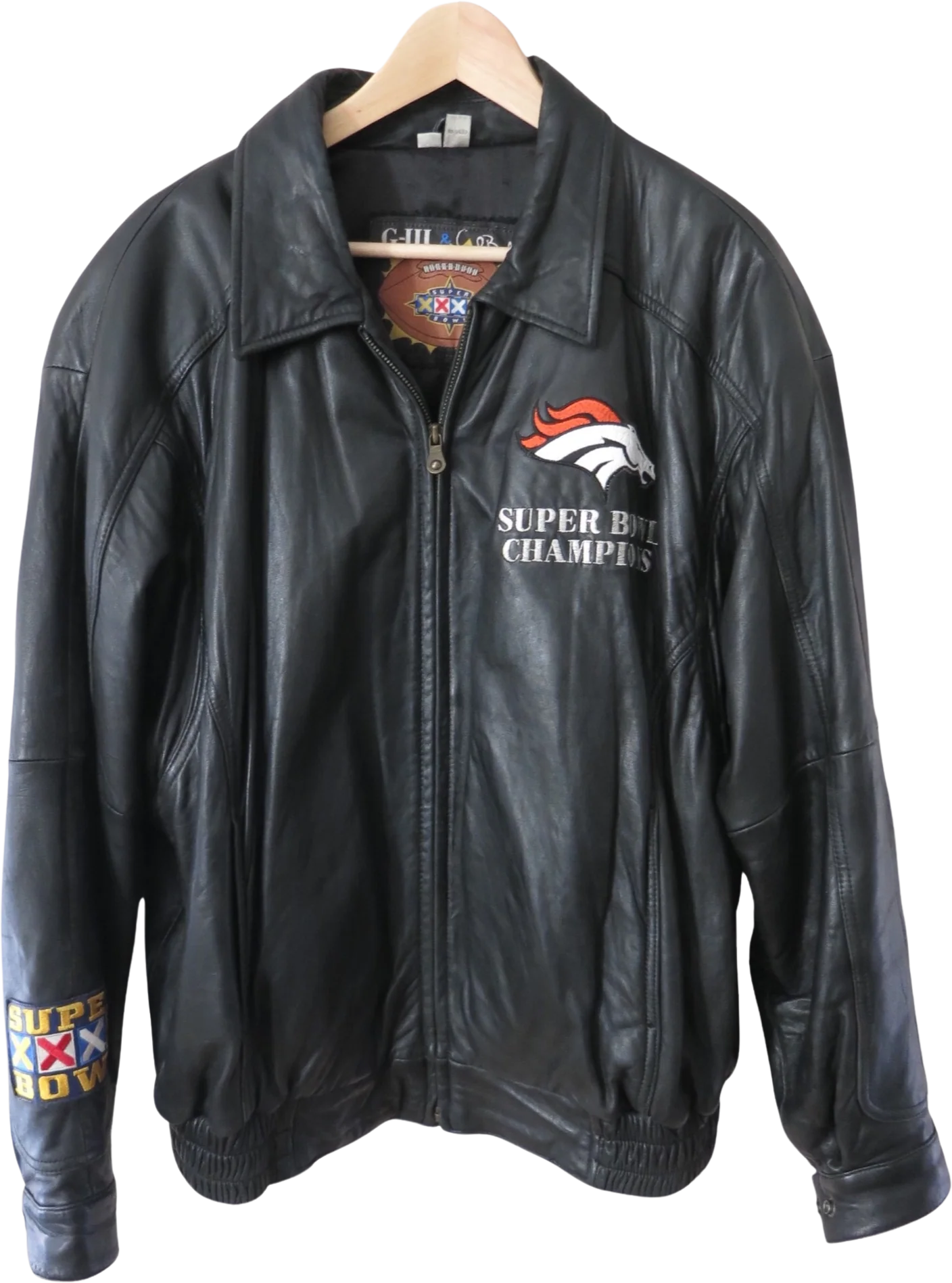 90s Vintage Super Bowl Broncos Leather Bomber Jacket By G-3 & Carl Banks