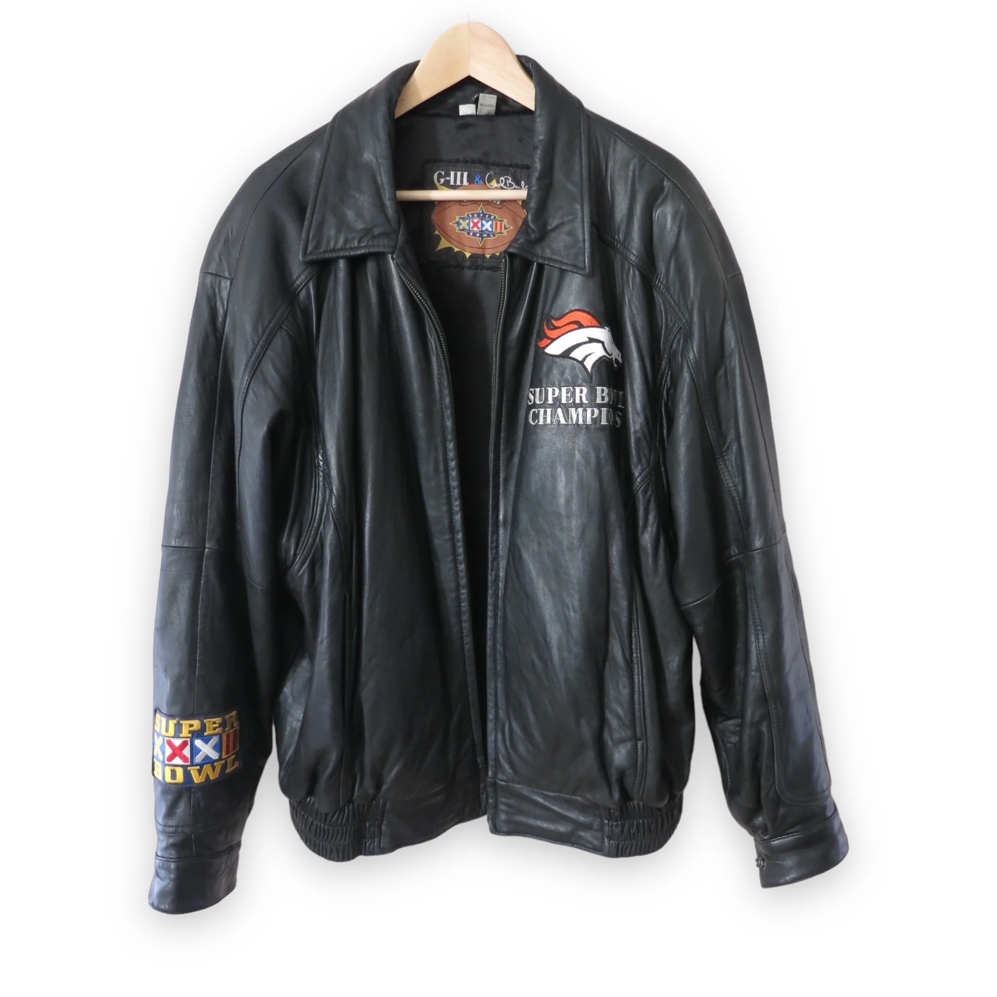 90s Vintage Super Bowl Broncos Leather Bomber Jacket By G-3 & Carl Banks - Image 3