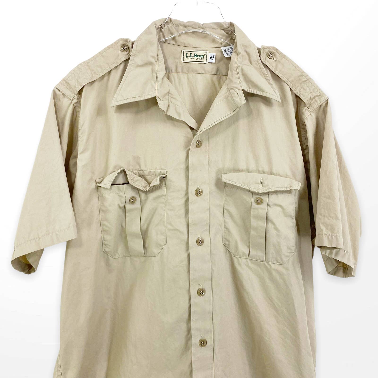 90s Vintage Tan Cotton Button Up Collared Pocket Shirt by LL Bean - Image 6
