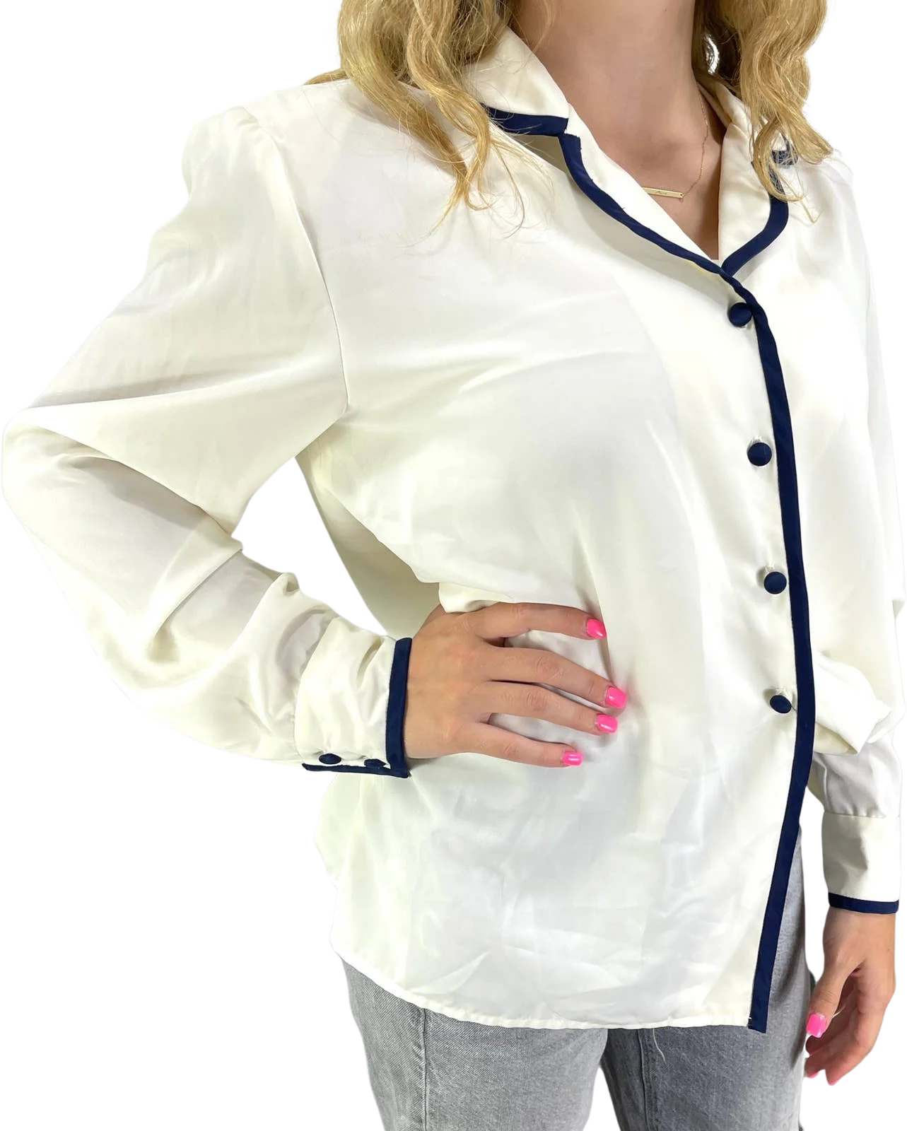 90s Vintage White Black Contrast Trim Button Up by Brownstone Studio