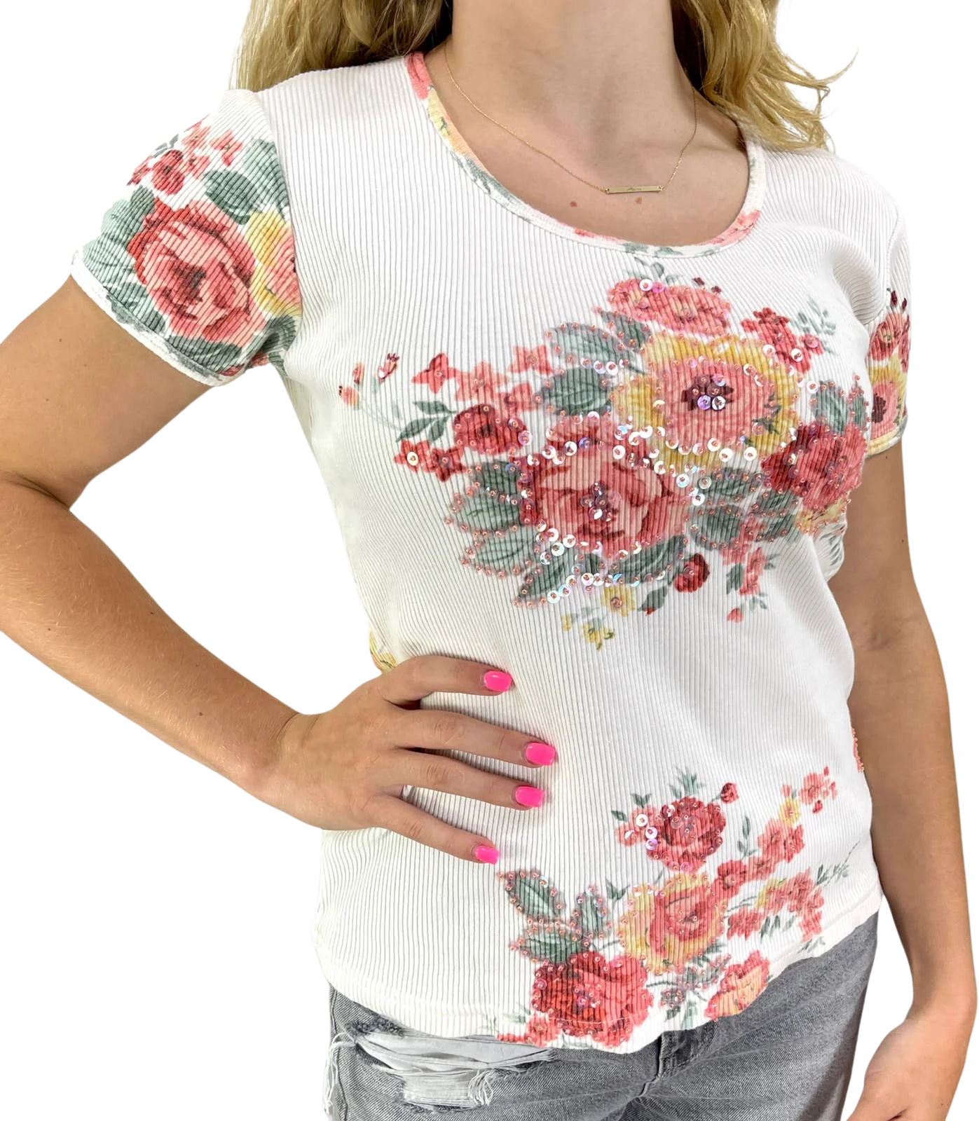 90s Vintage White Cotton Ribbed Floral Print T-Shirt by Jane Seymour