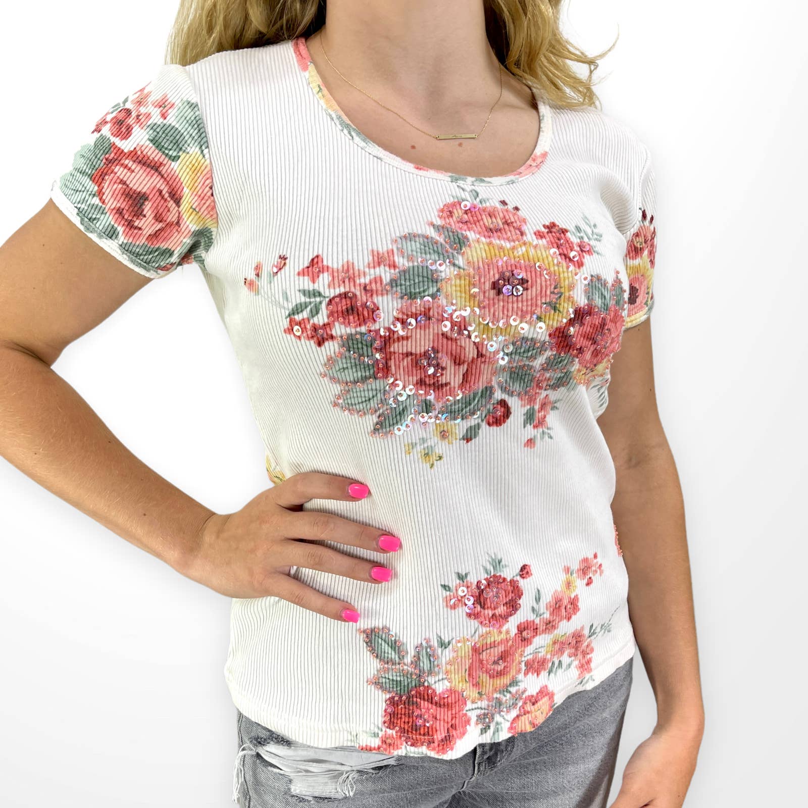 90s Vintage White Cotton Ribbed Floral Print T-Shirt by Jane Seymour - Image 7
