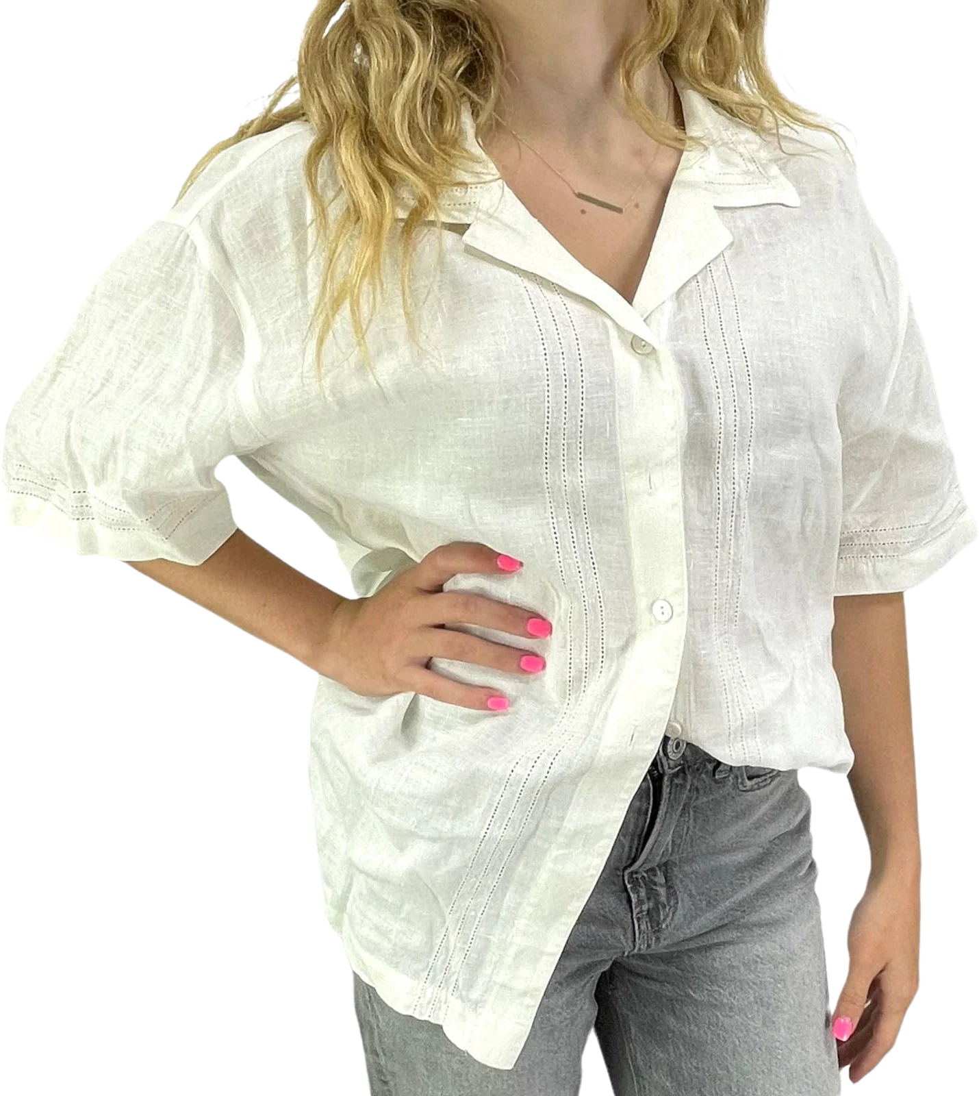 90s Vintage White Linen Half Sleeve Button Up by Karen Kane