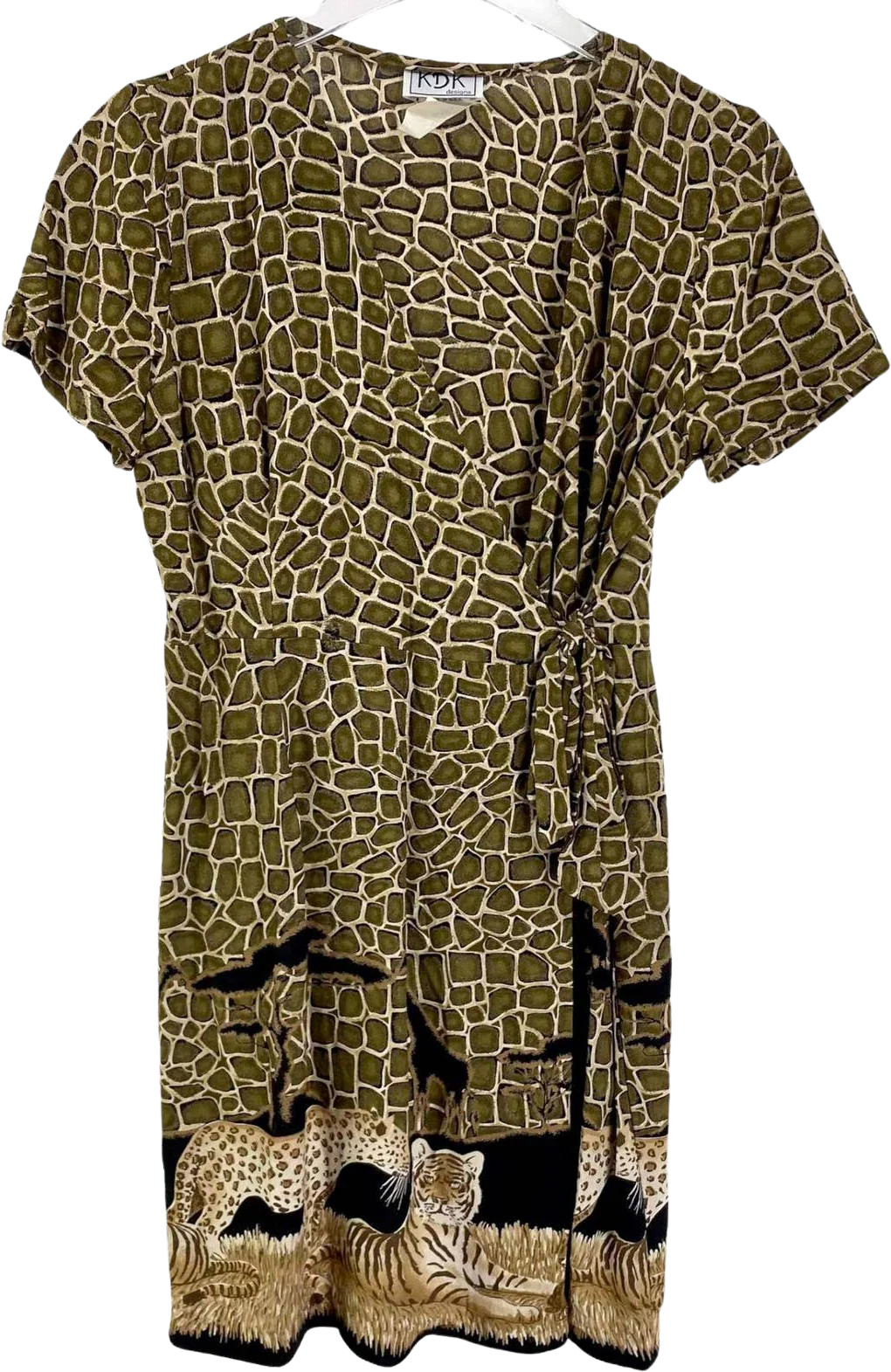 90s Vintage Wrap Short Sleeve Animal Giraffe Print Mini Dress by KDK Designs