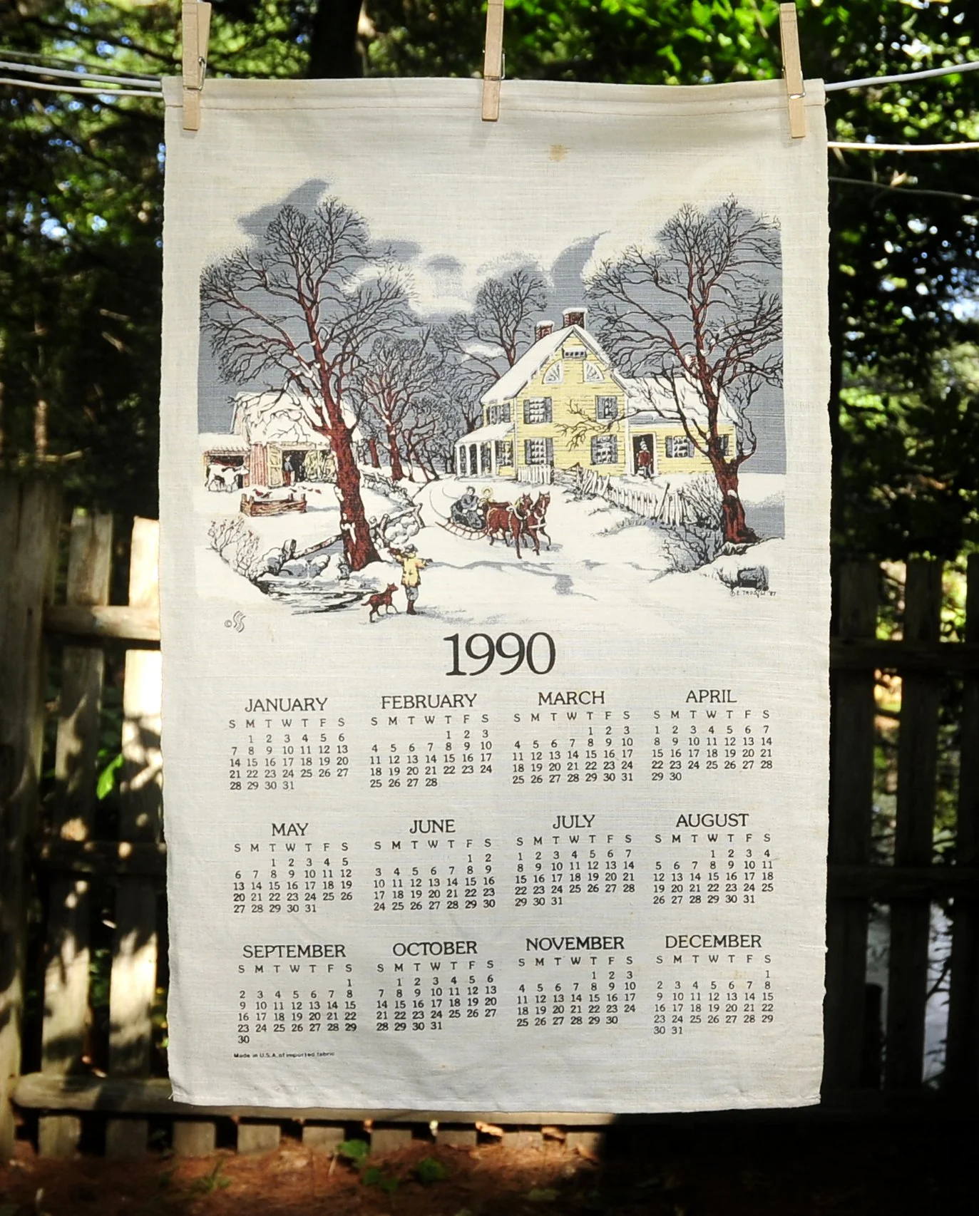 90s Vtg 1990 Winter Country Farm Linen Calendar Towel - Image 4