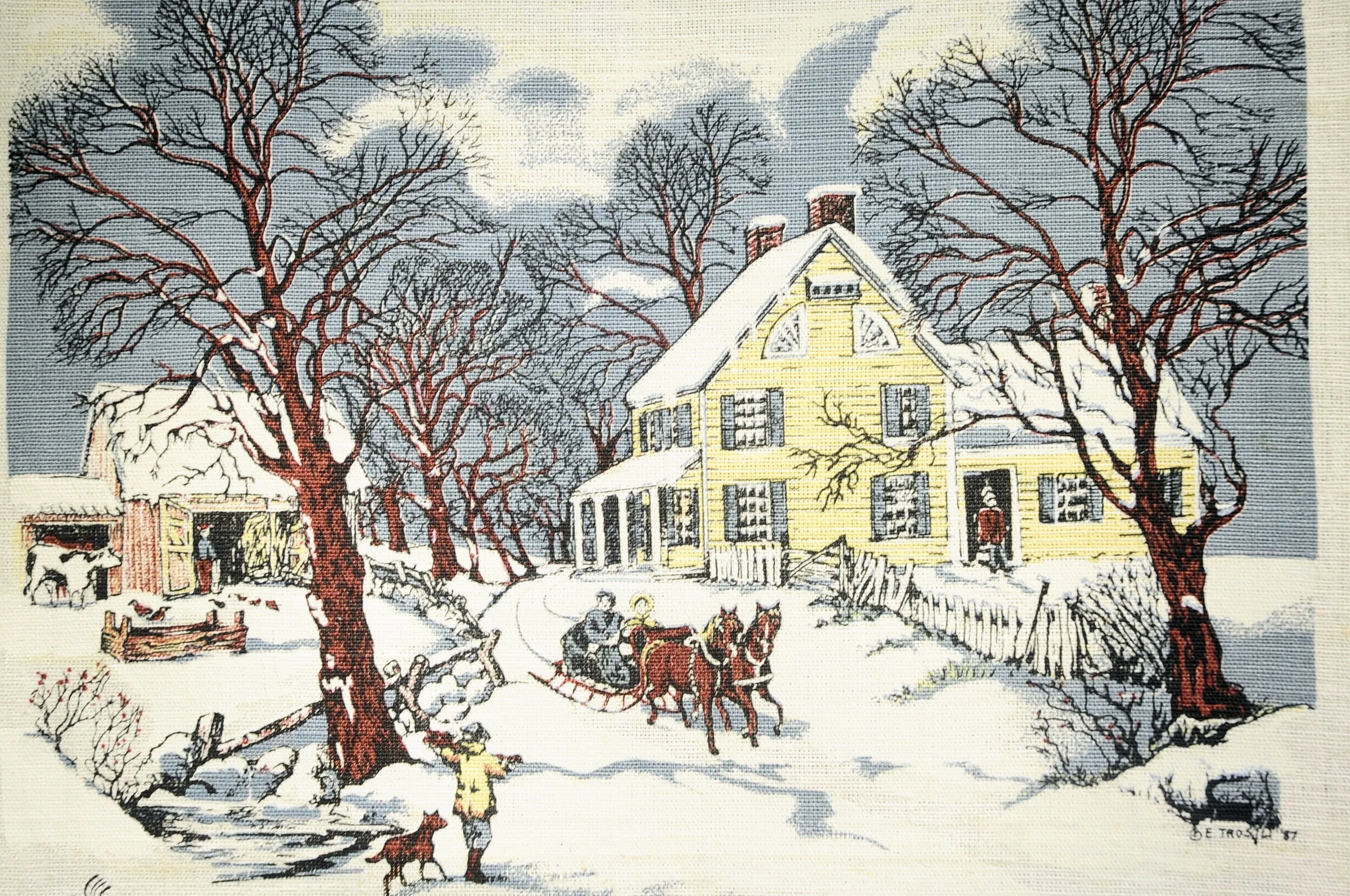 90s Vtg 1990 Winter Country Farm Linen Calendar Towel - Image 6