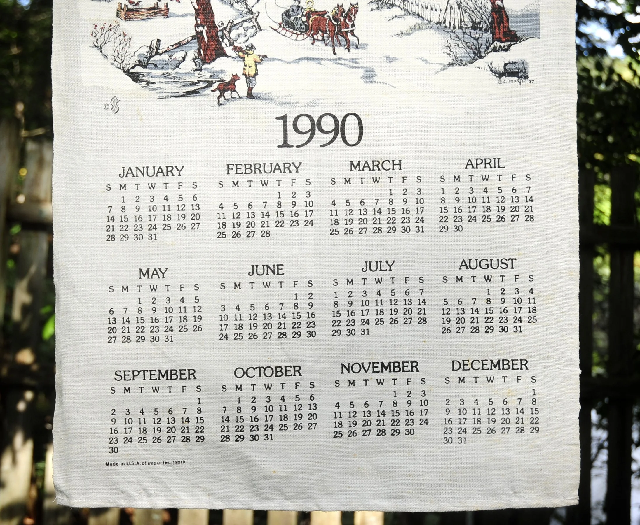 90s Vtg 1990 Winter Country Farm Linen Calendar Towel - Image 7