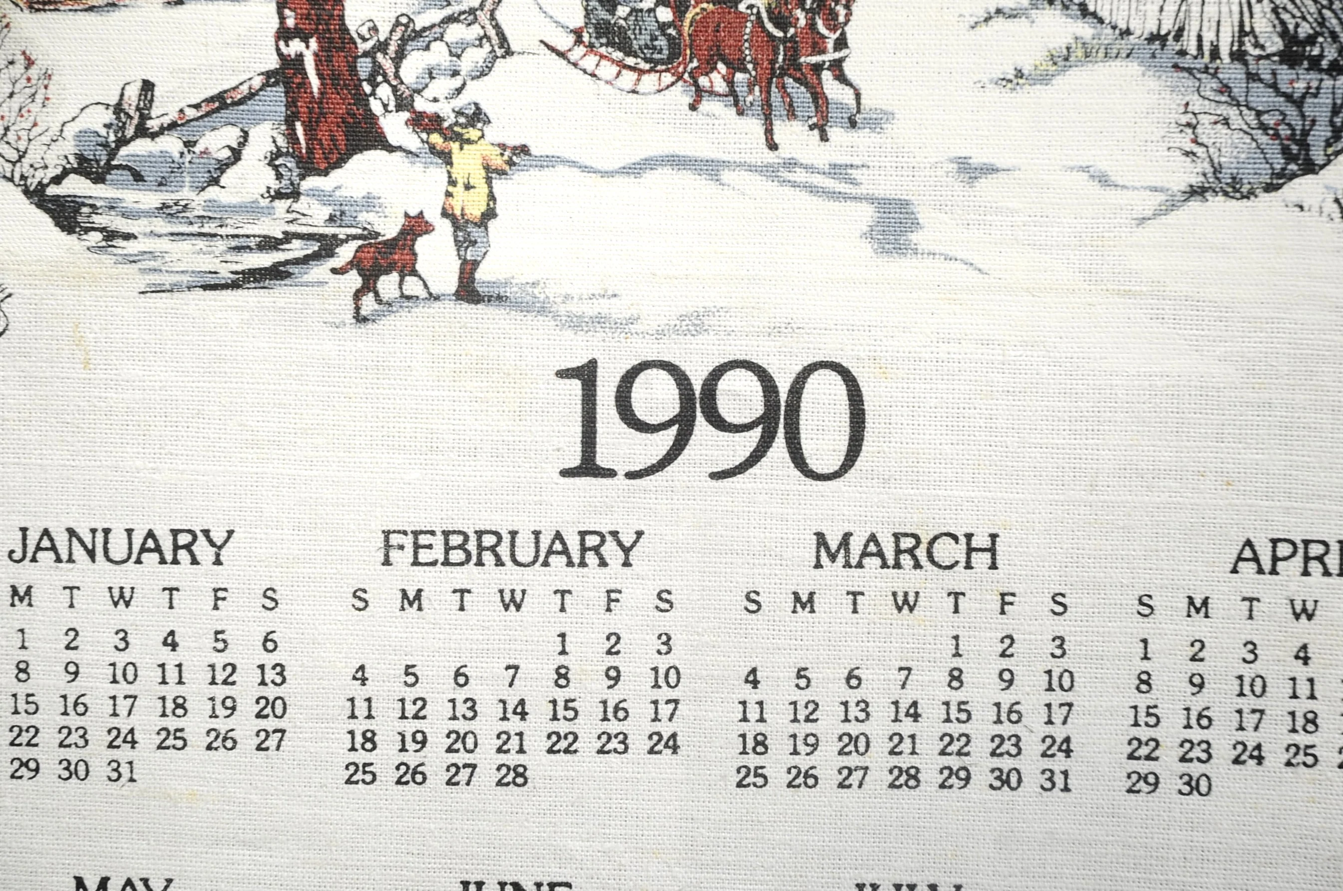 90s Vtg 1990 Winter Country Farm Linen Calendar Towel - Image 9