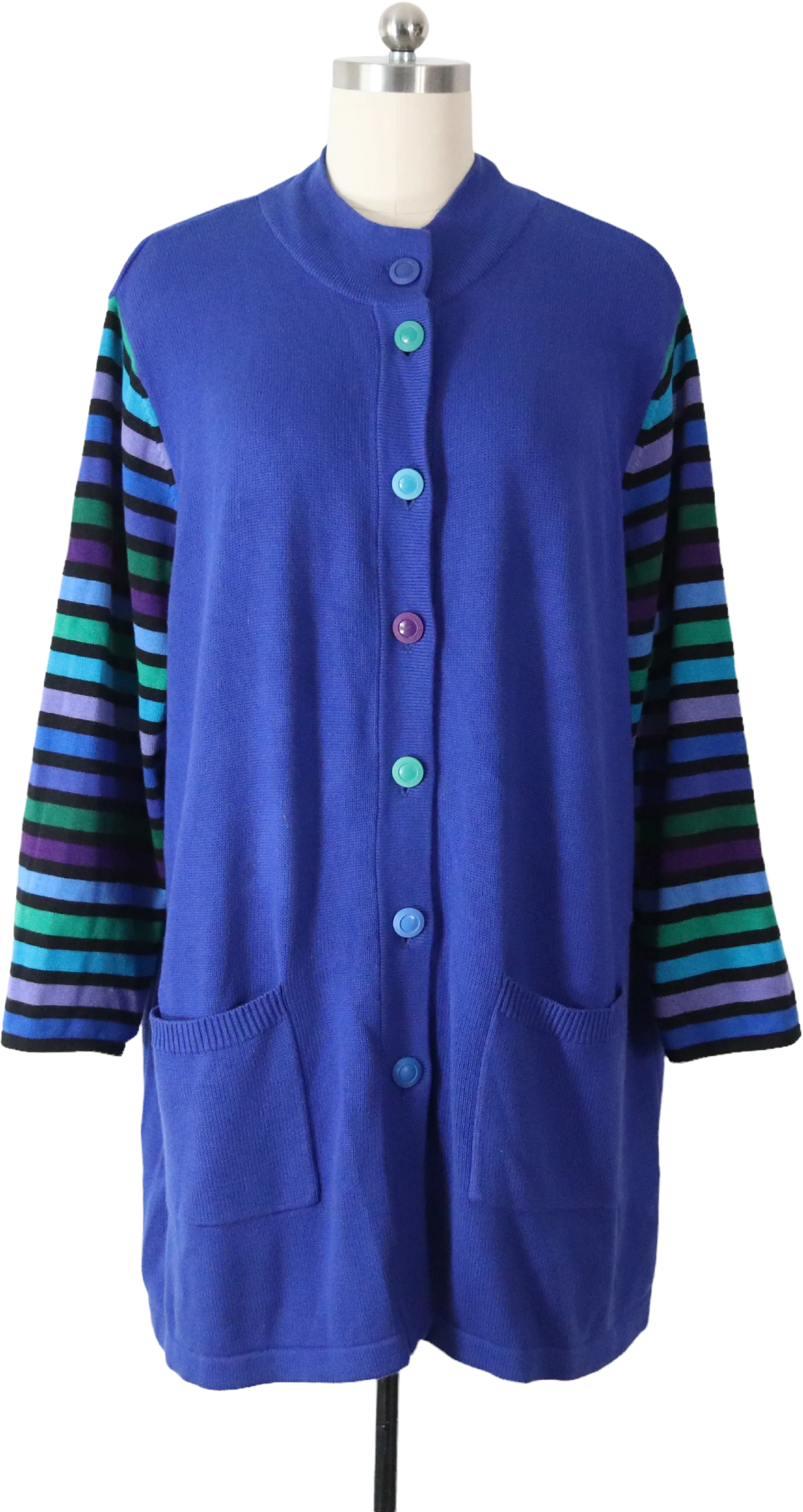 90s Wearable Art Stripe Sleeve Cardigan Sweater Duster By Bob Mackie
