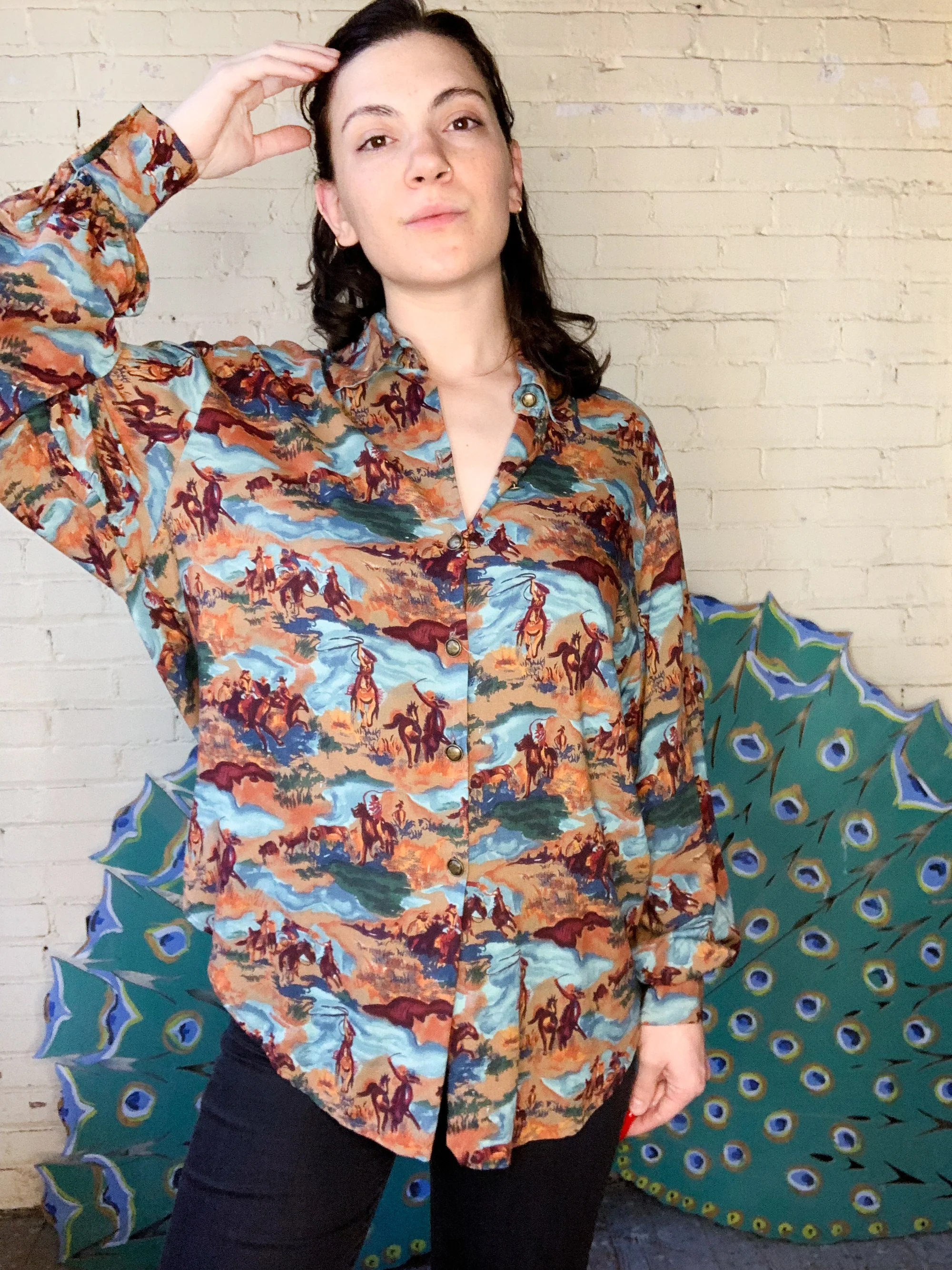 90s Western Patterned Collared Button Up Large By Dion - Image 3