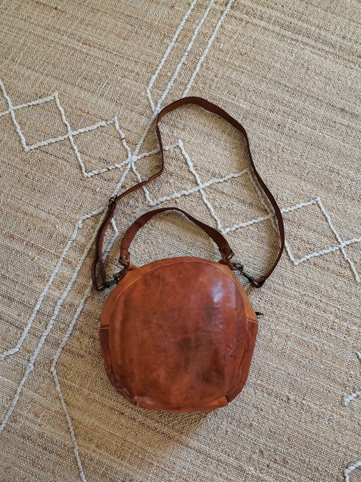 90s Whiskey Brown Woven Leather Circle Multi Way Bag by Langellotti - Image 2
