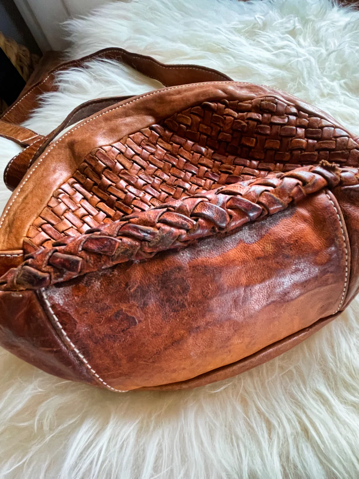 90s Whiskey Brown Woven Leather Circle Multi Way Bag by Langellotti - Image 7