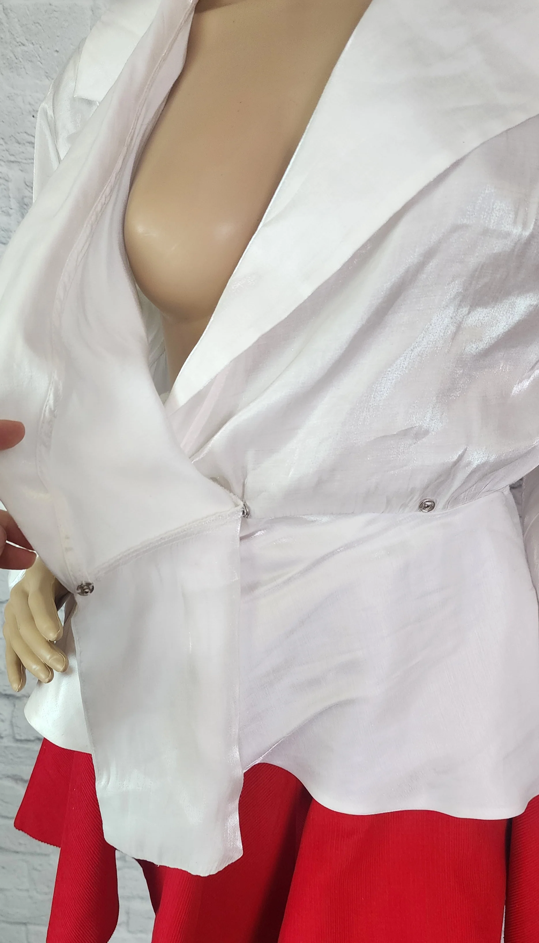 90s White Shiny Wrap Blouse Peplum Collar V-neck - Image 3