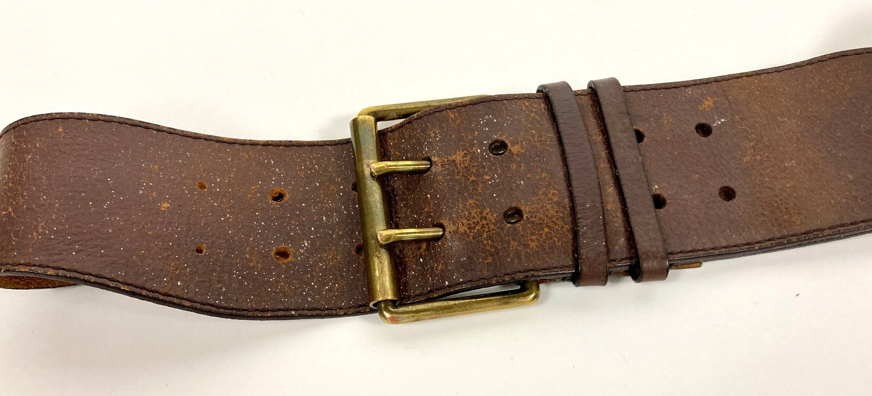90s Wide Leather Double Belt Gold Big Buckle Belt Distressed Brown Leather Belt Designer Belt Statement Belt by Nine West - Image 2