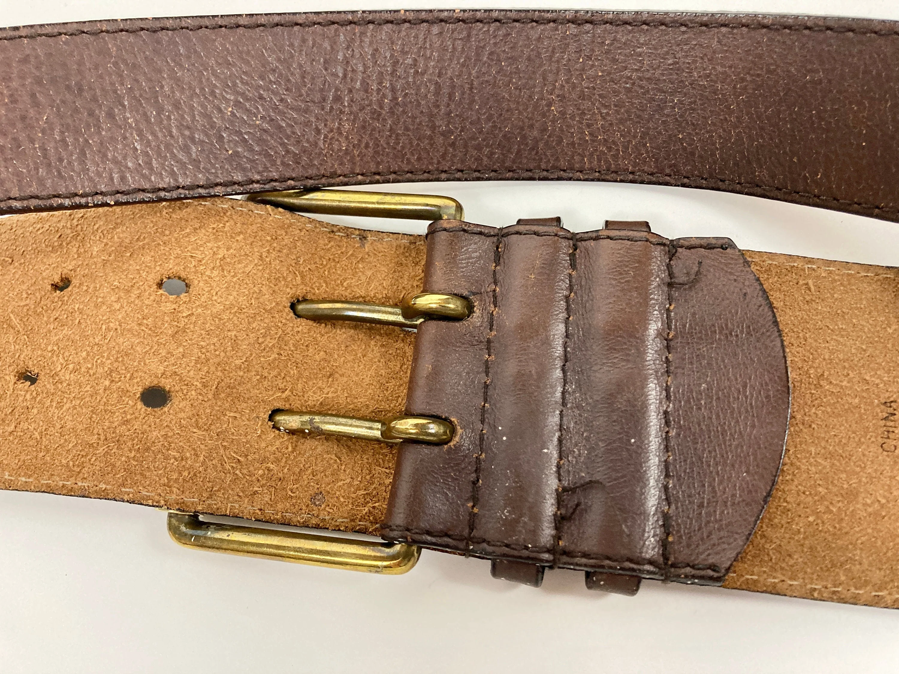 90s Wide Leather Double Belt Gold Big Buckle Belt Distressed Brown Leather Belt Designer Belt Statement Belt by Nine West - Image 3
