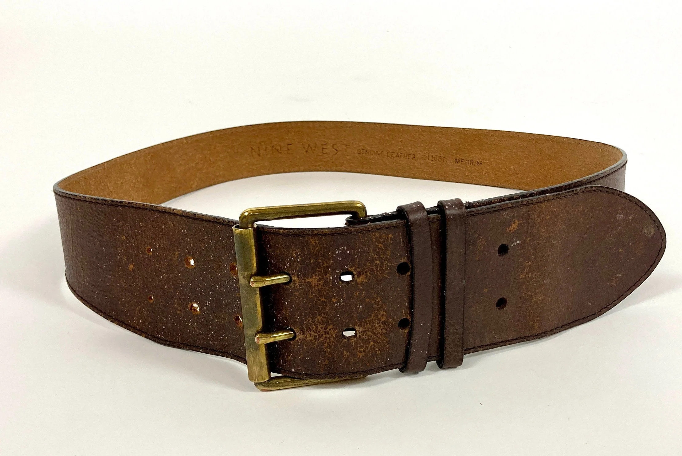 90s Wide Leather Double Belt Gold Big Buckle Belt Distressed Brown Leather Belt Designer Belt Statement Belt by Nine West - Image 4