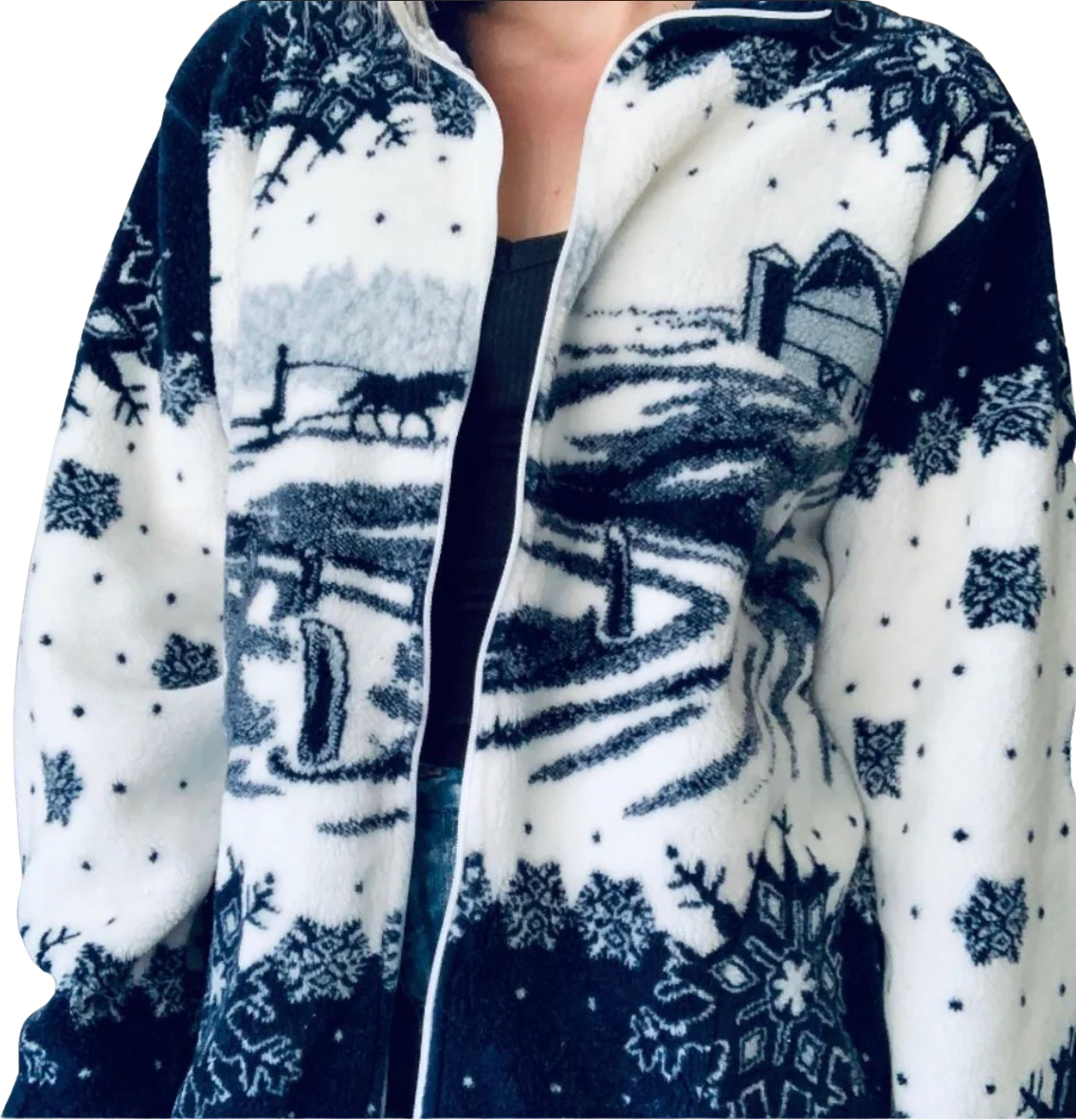 90s Winter Christmas Double Sided Fleece Zip Up Jacket By Art Unlimited