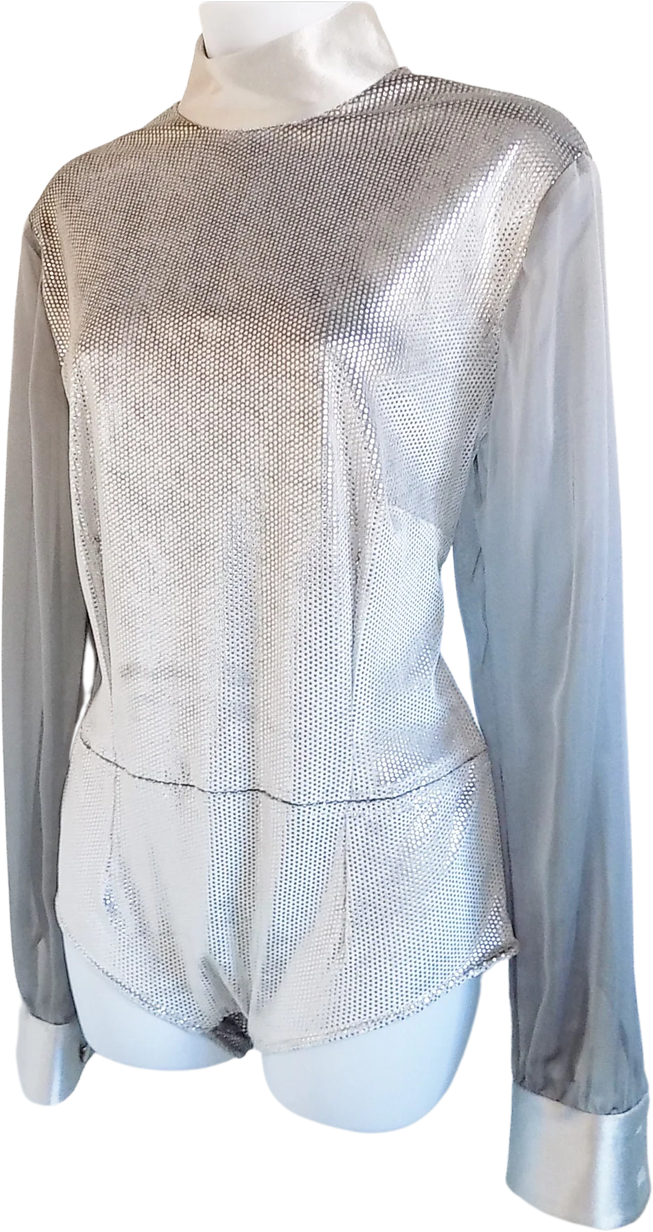 90s Woman's Silver Onesie Costume Dance Sheer Sleeves Turtleneck Large