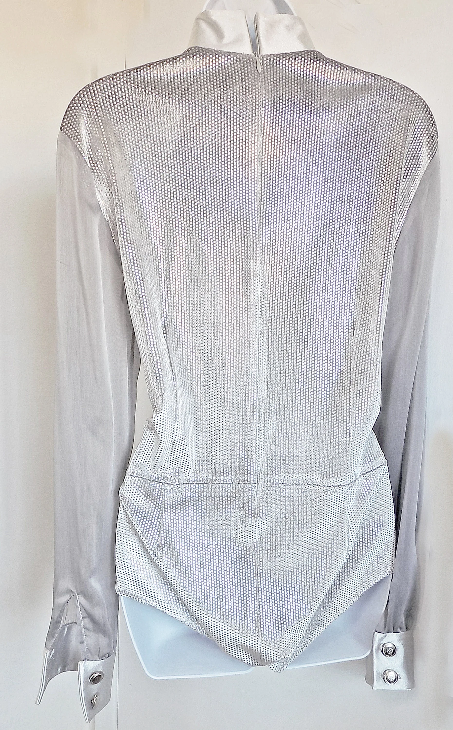 90s Woman's Silver Onesie Costume Dance Sheer Sleeves Turtleneck Large - Image 3