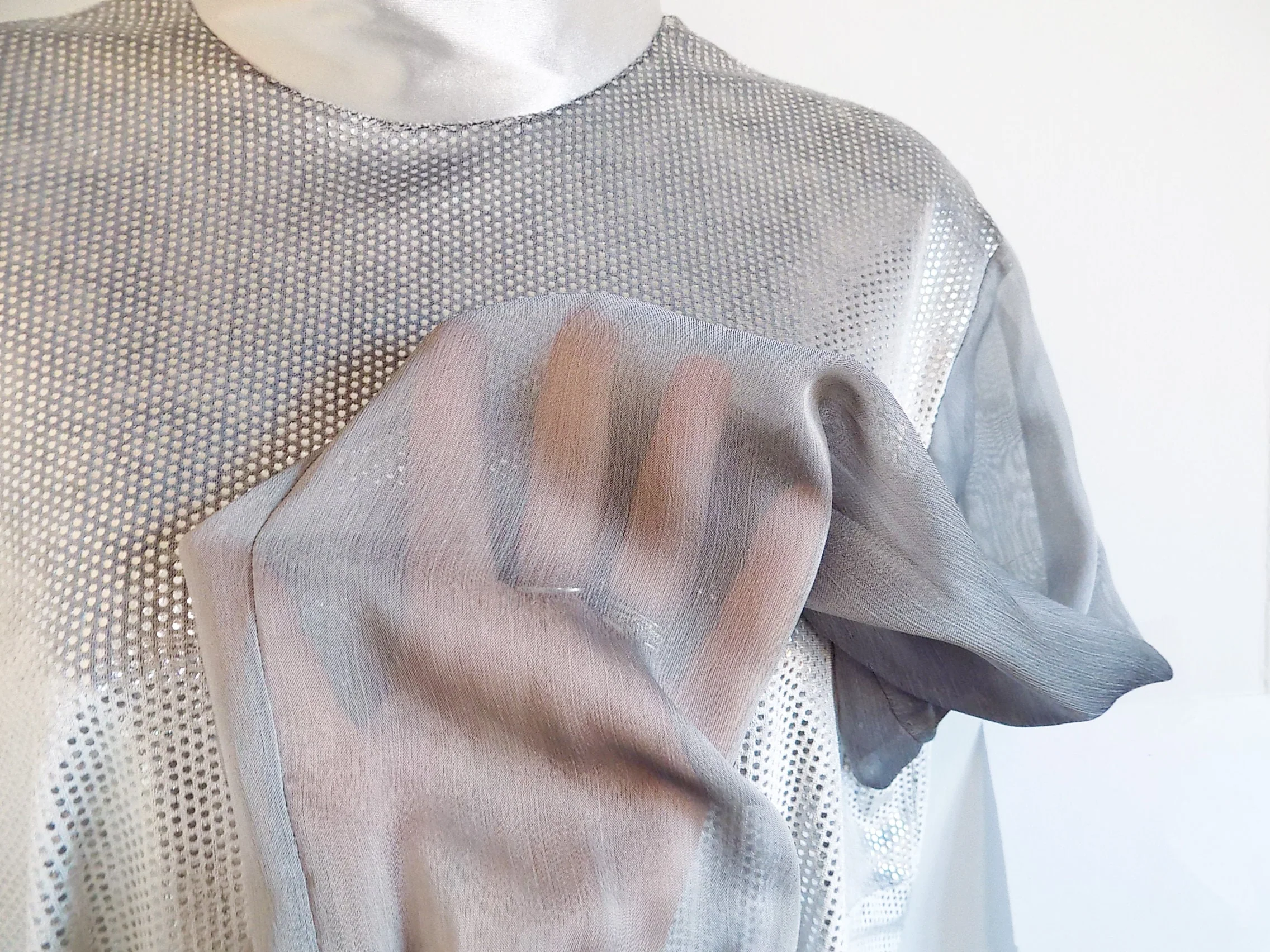 90s Woman's Silver Onesie Costume Dance Sheer Sleeves Turtleneck Large - Image 5