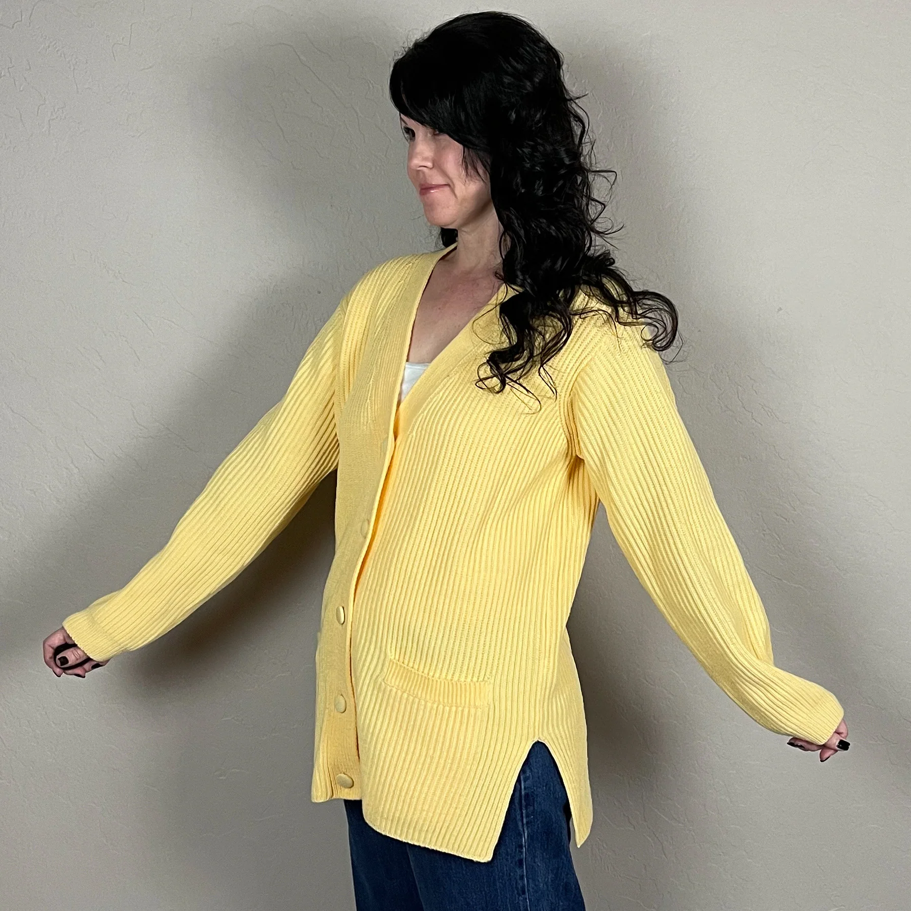 90s Yellow Chunky Rib Knit Cardigan By Yarnworks - Image 3