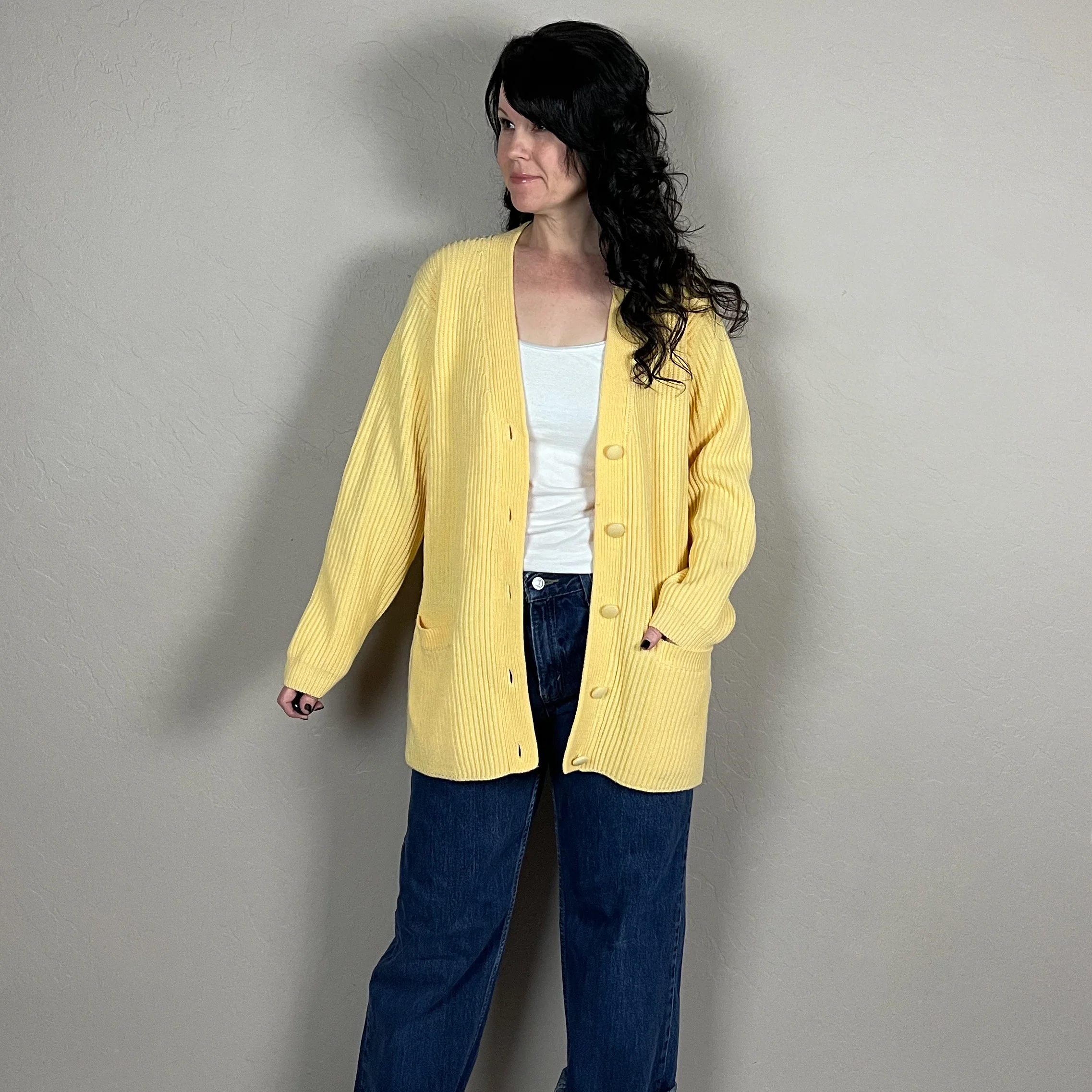 90s Yellow Chunky Rib Knit Cardigan By Yarnworks - Image 5