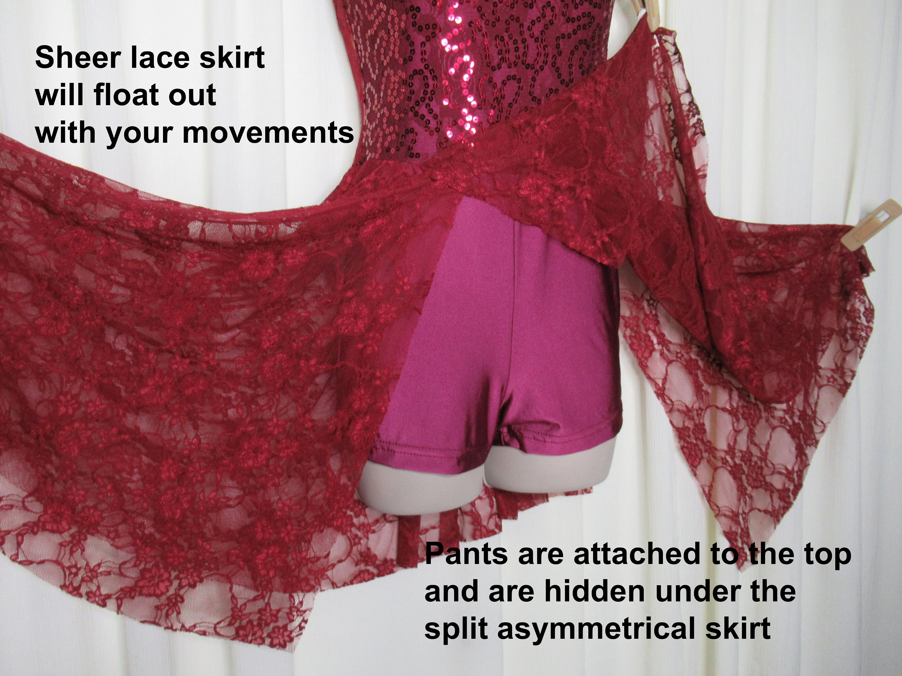Acrobatics Baton Twirling Dancing Majorette Figure Or Ice Skating Costume Gallery Burgundy Sheer Lace and Beads by Costume Gallery - Image 3