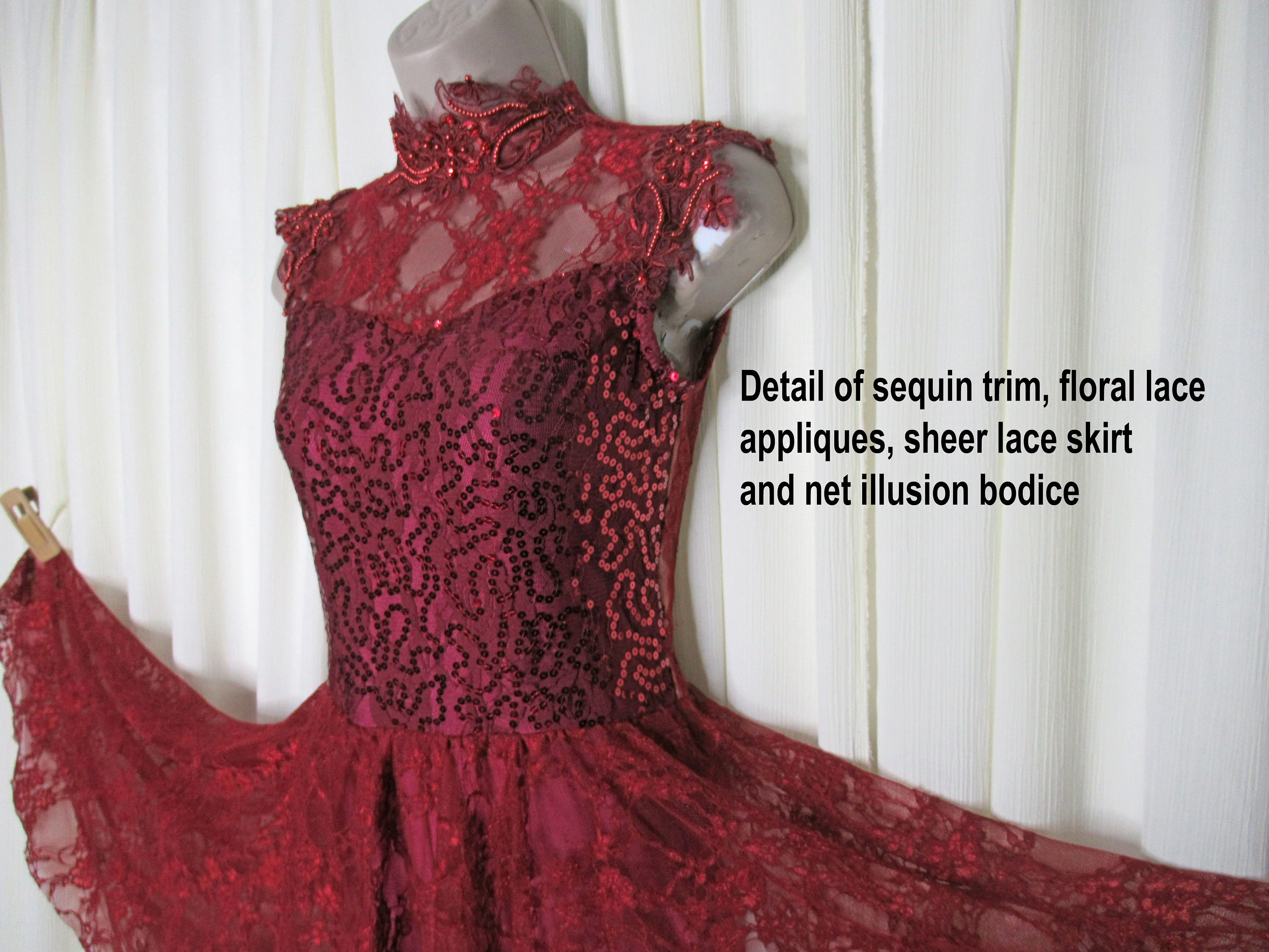 Acrobatics Baton Twirling Dancing Majorette Figure Or Ice Skating Costume Gallery Burgundy Sheer Lace and Beads by Costume Gallery - Image 5