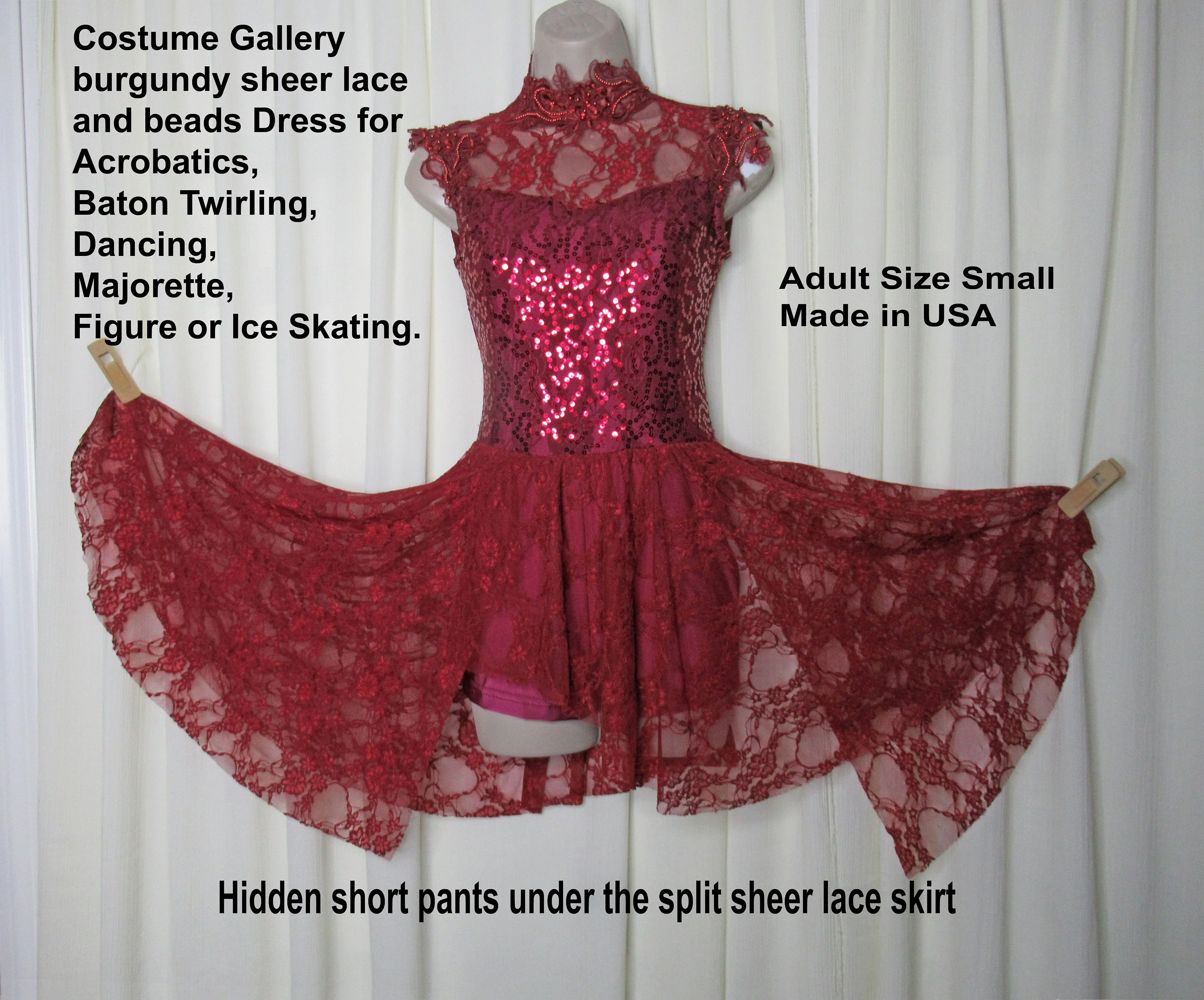 Acrobatics Baton Twirling Dancing Majorette Figure Or Ice Skating Costume Gallery Burgundy Sheer Lace and Beads by Costume Gallery - Image 6