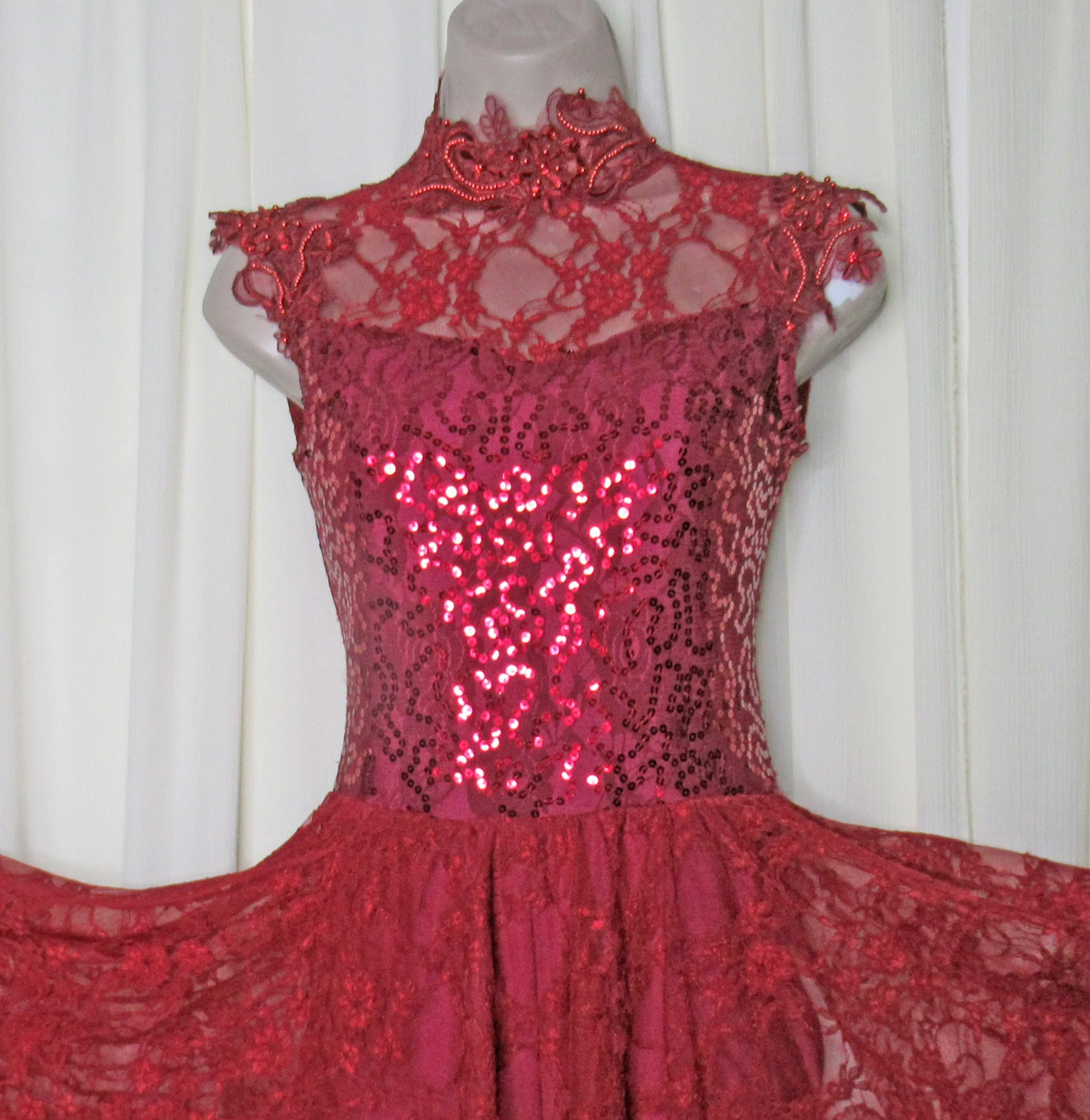 Acrobatics Baton Twirling Dancing Majorette Figure Or Ice Skating Costume Gallery Burgundy Sheer Lace and Beads by Costume Gallery - Image 7
