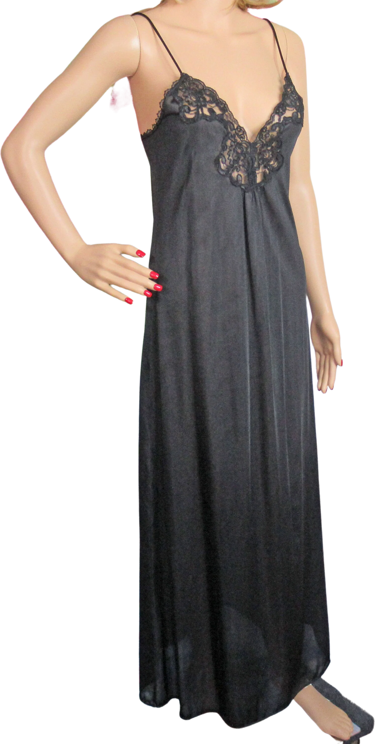 Adonna Black Nightgown Nylon Low V Neckline Sheer Lace Bodice Small Slim Fit Full Length by Adonna