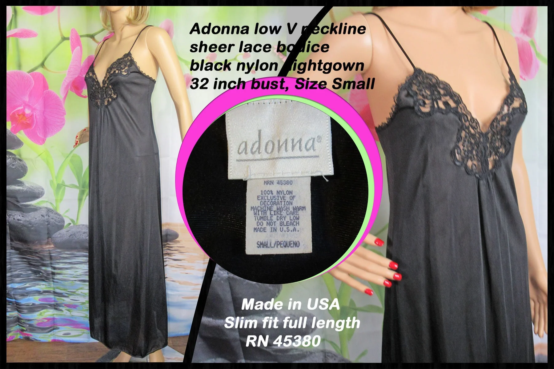 Adonna Black Nightgown Nylon Low V Neckline Sheer Lace Bodice Small Slim Fit Full Length by Adonna - Image 2