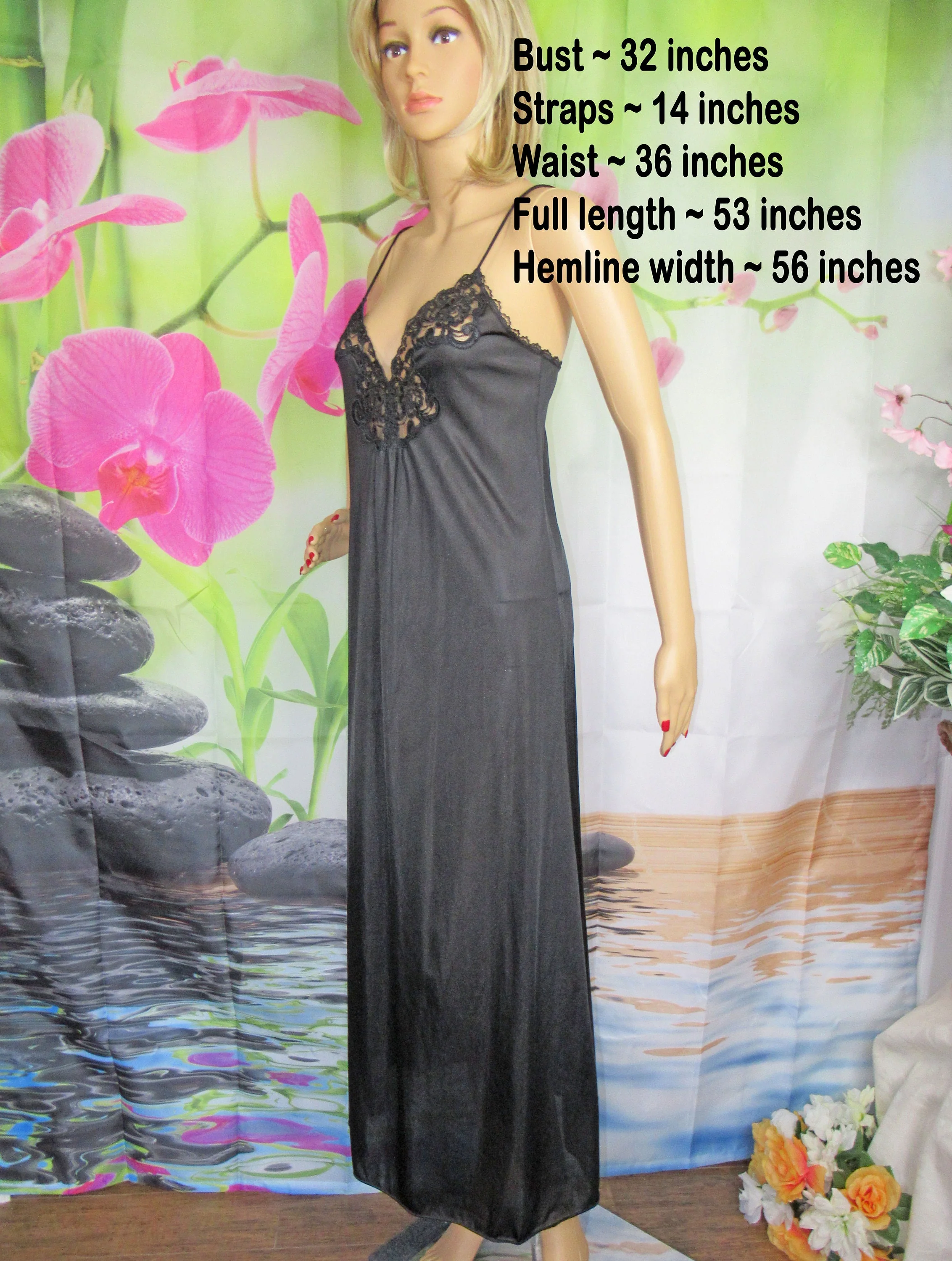 Adonna Black Nightgown Nylon Low V Neckline Sheer Lace Bodice Small Slim Fit Full Length by Adonna - Image 3