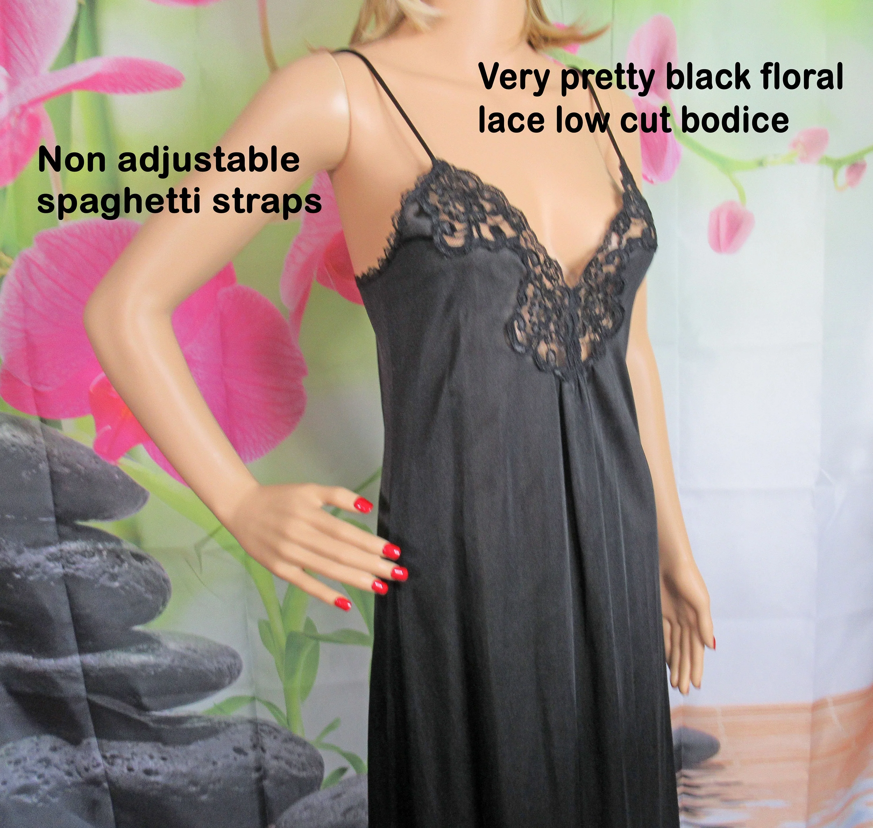 Adonna Black Nightgown Nylon Low V Neckline Sheer Lace Bodice Small Slim Fit Full Length by Adonna - Image 5
