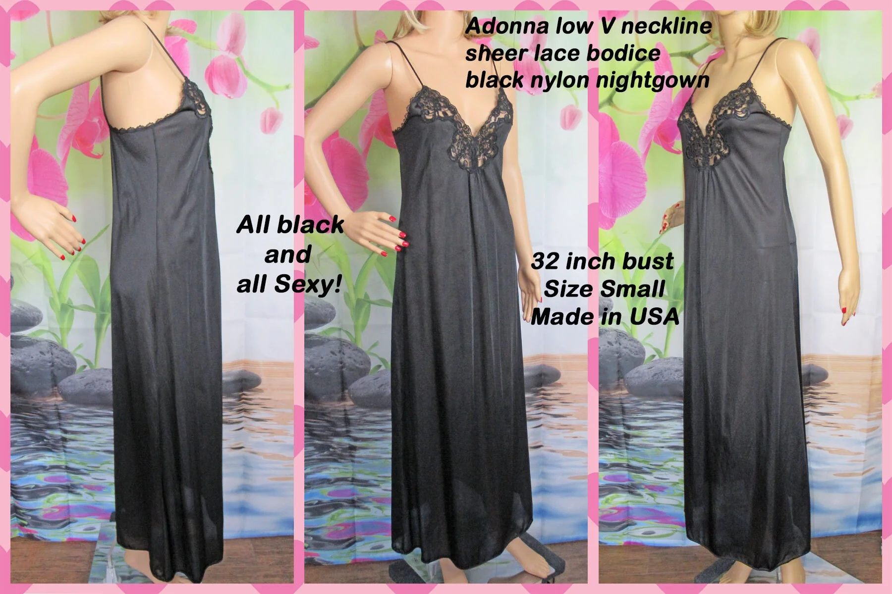 Adonna Black Nightgown Nylon Low V Neckline Sheer Lace Bodice Small Slim Fit Full Length by Adonna - Image 6
