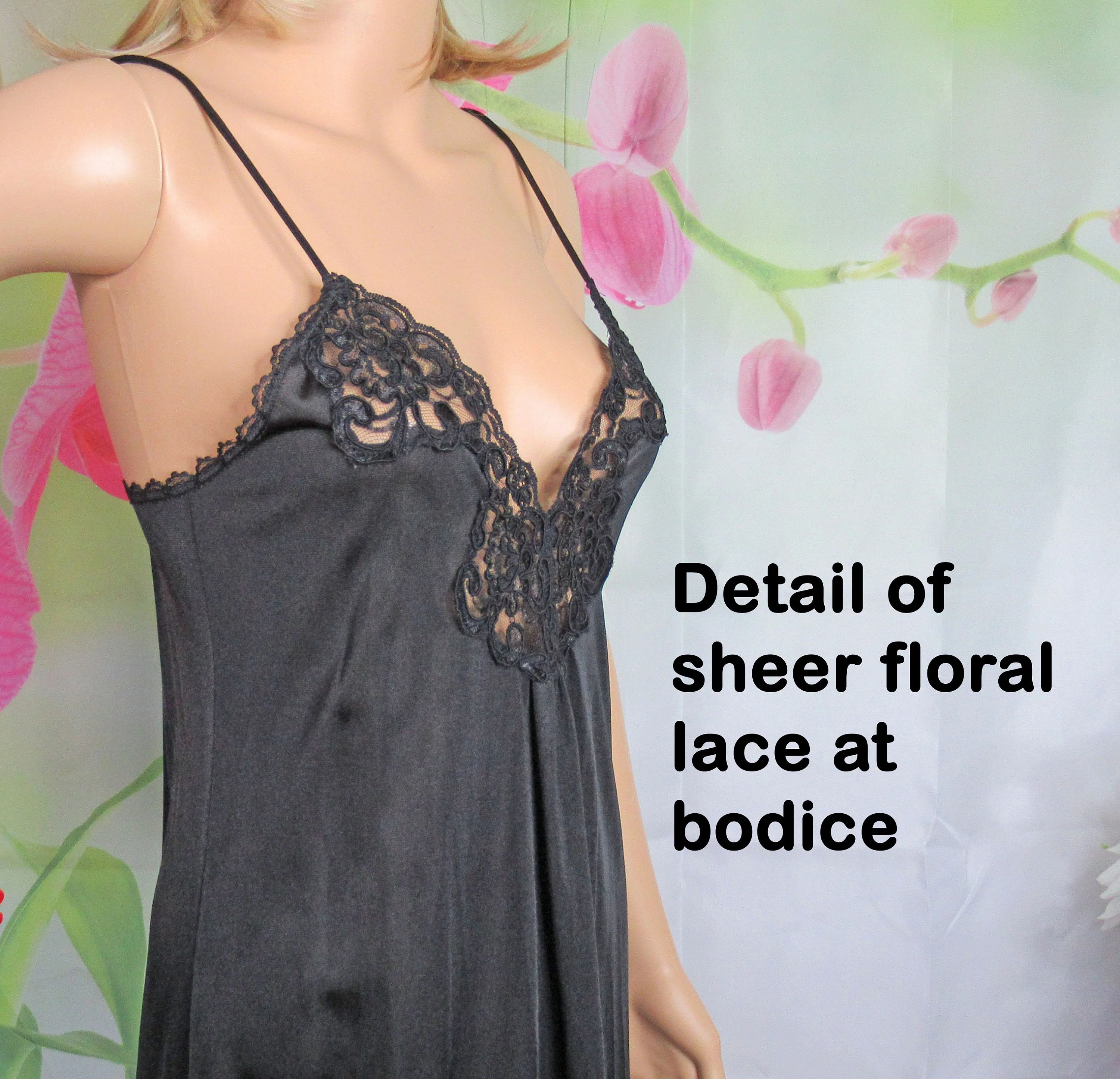 Adonna Black Nightgown Nylon Low V Neckline Sheer Lace Bodice Small Slim Fit Full Length by Adonna - Image 8