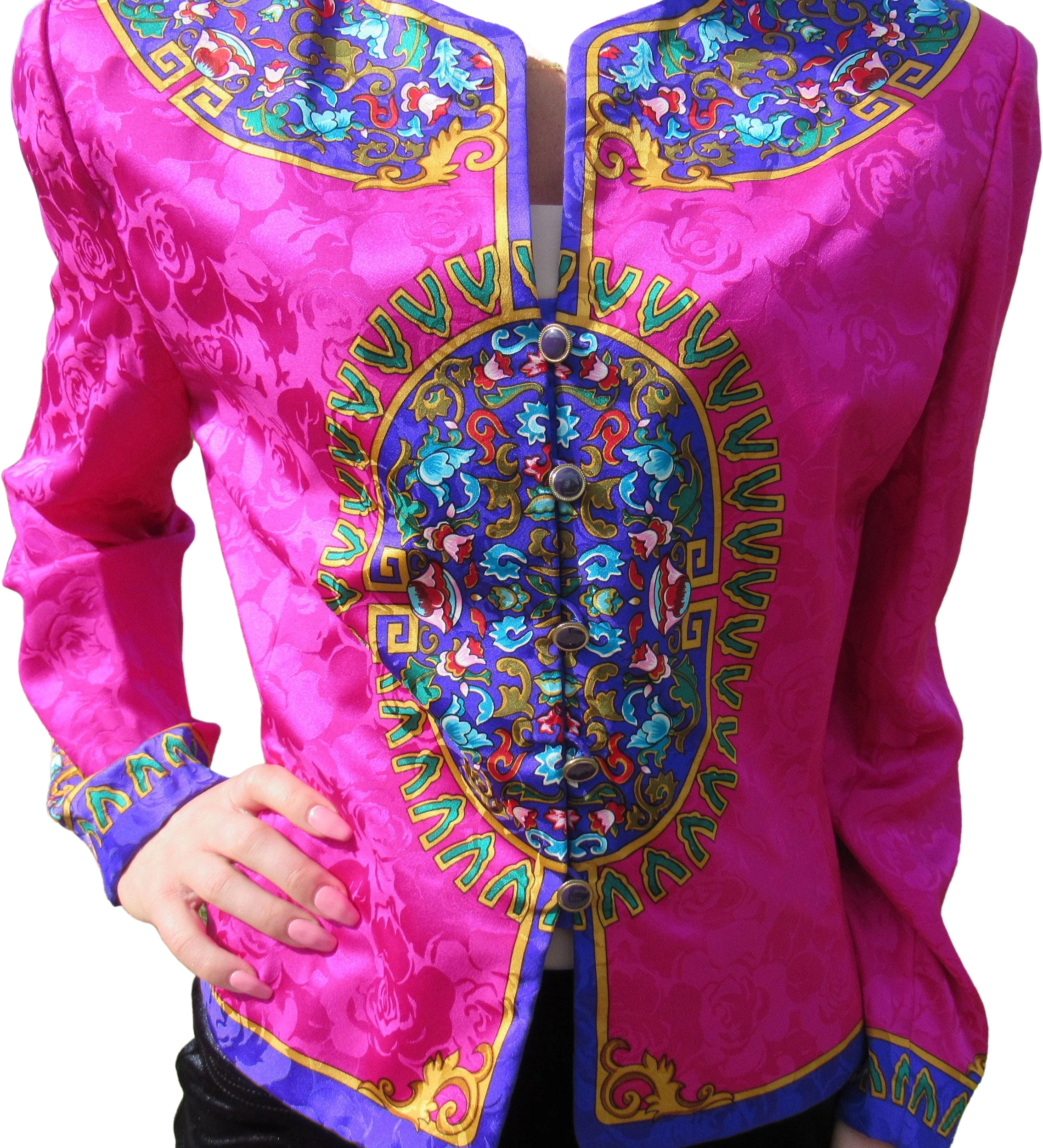 Adrianna Papell Silk Blouse Blazer 80s Front Button Purple Pink Gold Teal Long Sleeves Vintage by Adrianna Papell