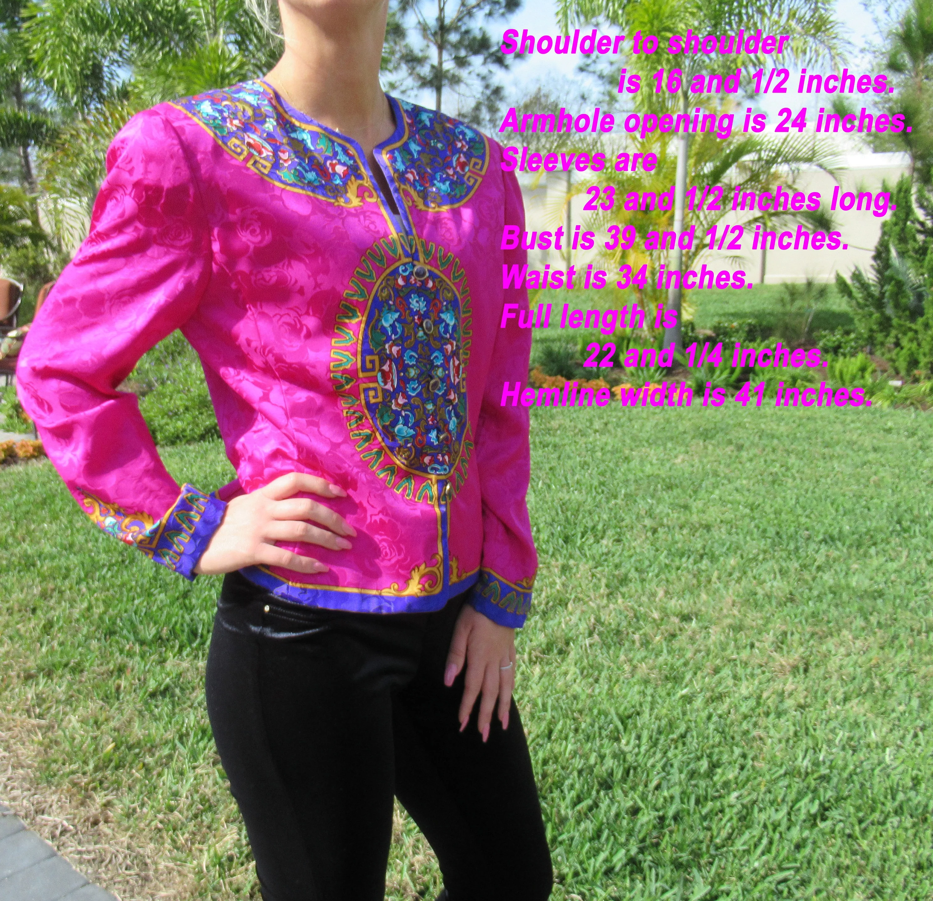 Adrianna Papell Silk Blouse Blazer 80s Front Button Purple Pink Gold Teal Long Sleeves Vintage by Adrianna Papell - Image 2