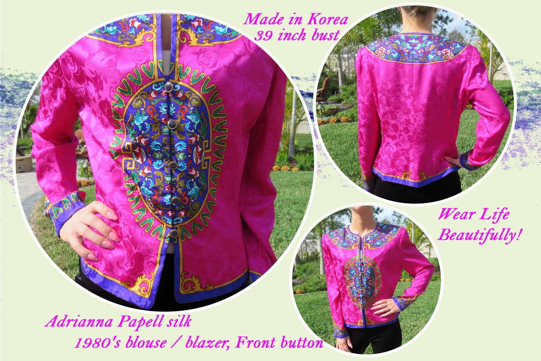 Adrianna Papell Silk Blouse Blazer 80s Front Button Purple Pink Gold Teal Long Sleeves Vintage by Adrianna Papell - Image 3