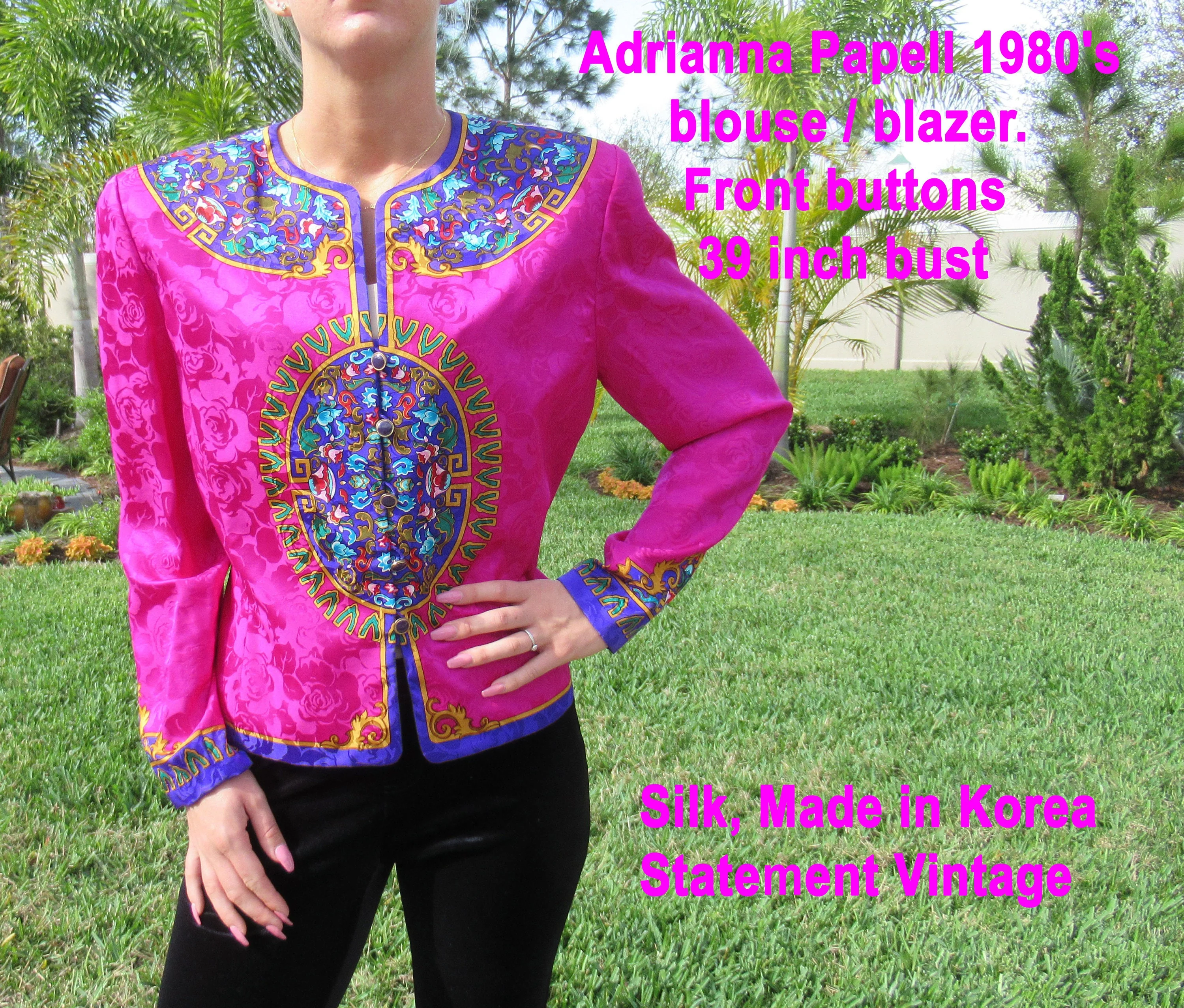 Adrianna Papell Silk Blouse Blazer 80s Front Button Purple Pink Gold Teal Long Sleeves Vintage by Adrianna Papell - Image 4