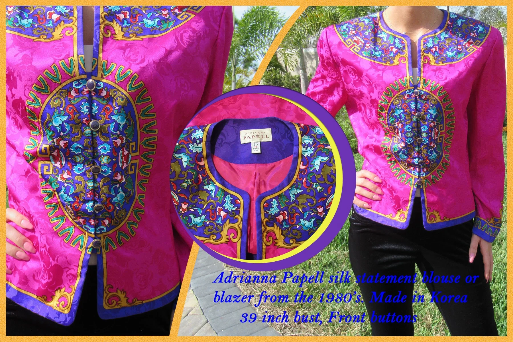 Adrianna Papell Silk Blouse Blazer 80s Front Button Purple Pink Gold Teal Long Sleeves Vintage by Adrianna Papell - Image 5