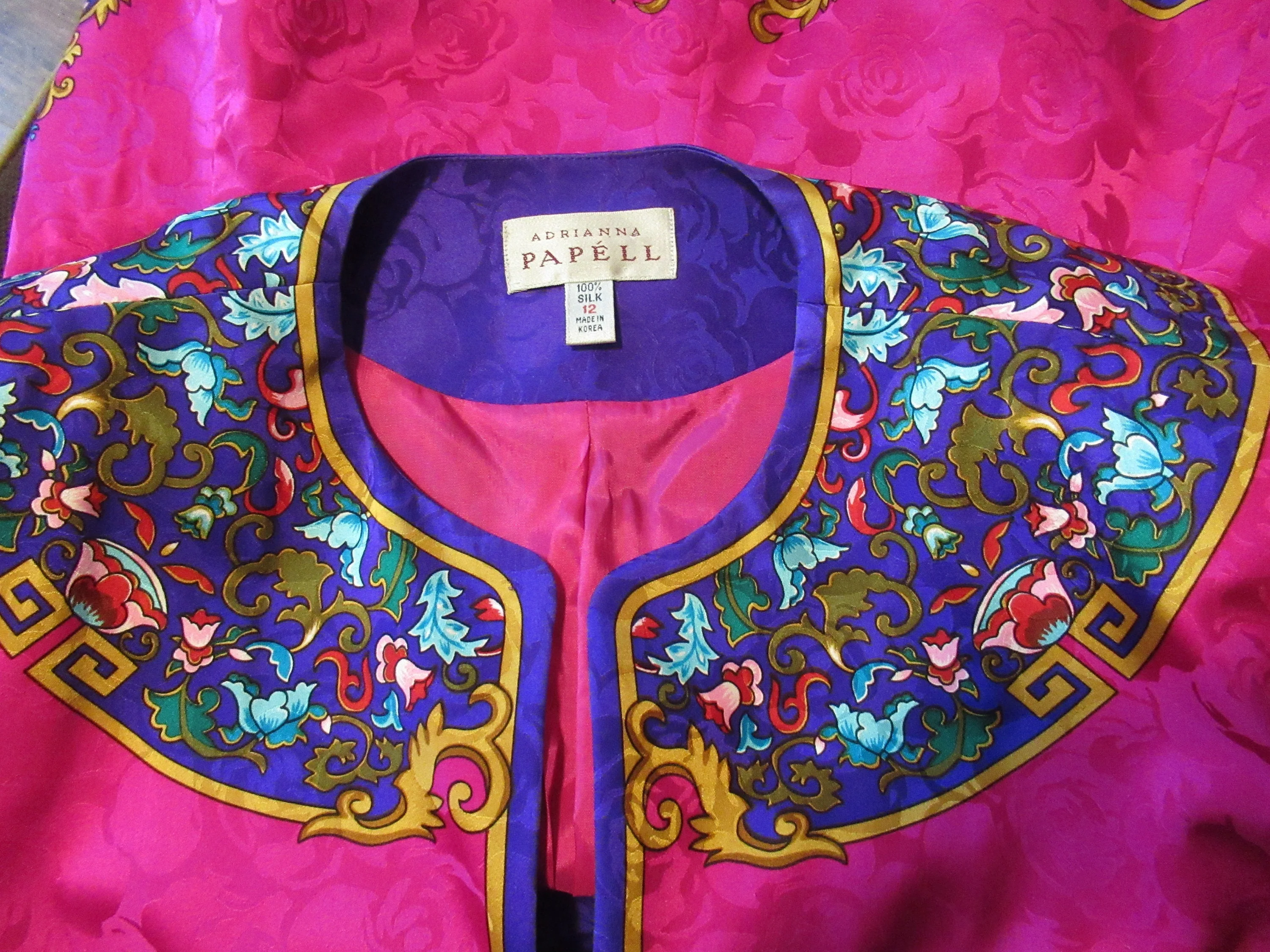 Adrianna Papell Silk Blouse Blazer 80s Front Button Purple Pink Gold Teal Long Sleeves Vintage by Adrianna Papell - Image 7