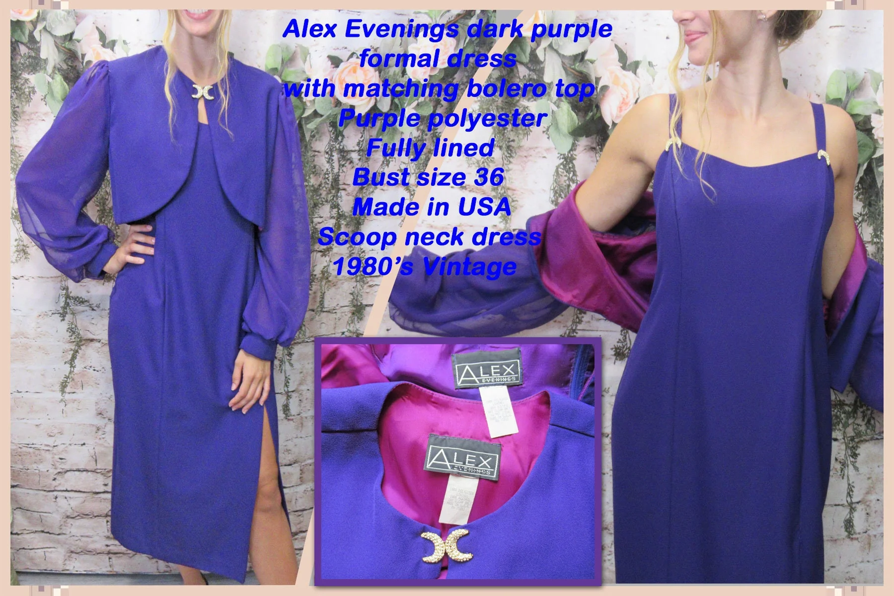 Alex Evenings Formal Dark Purple Dress with Matching Bolero Top Purple Polyester Fully Lined Scoop Neck Vintage by Alex Evenings - Image 2
