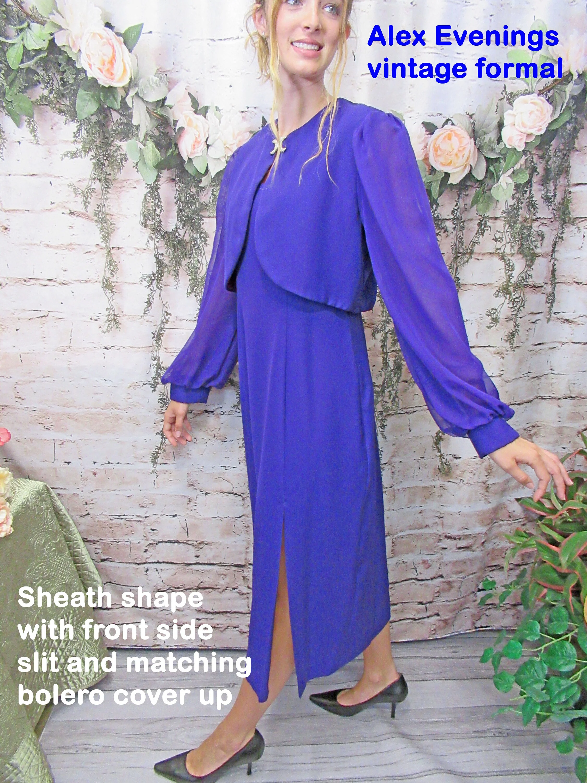 Alex Evenings Formal Dark Purple Dress with Matching Bolero Top Purple Polyester Fully Lined Scoop Neck Vintage by Alex Evenings - Image 5